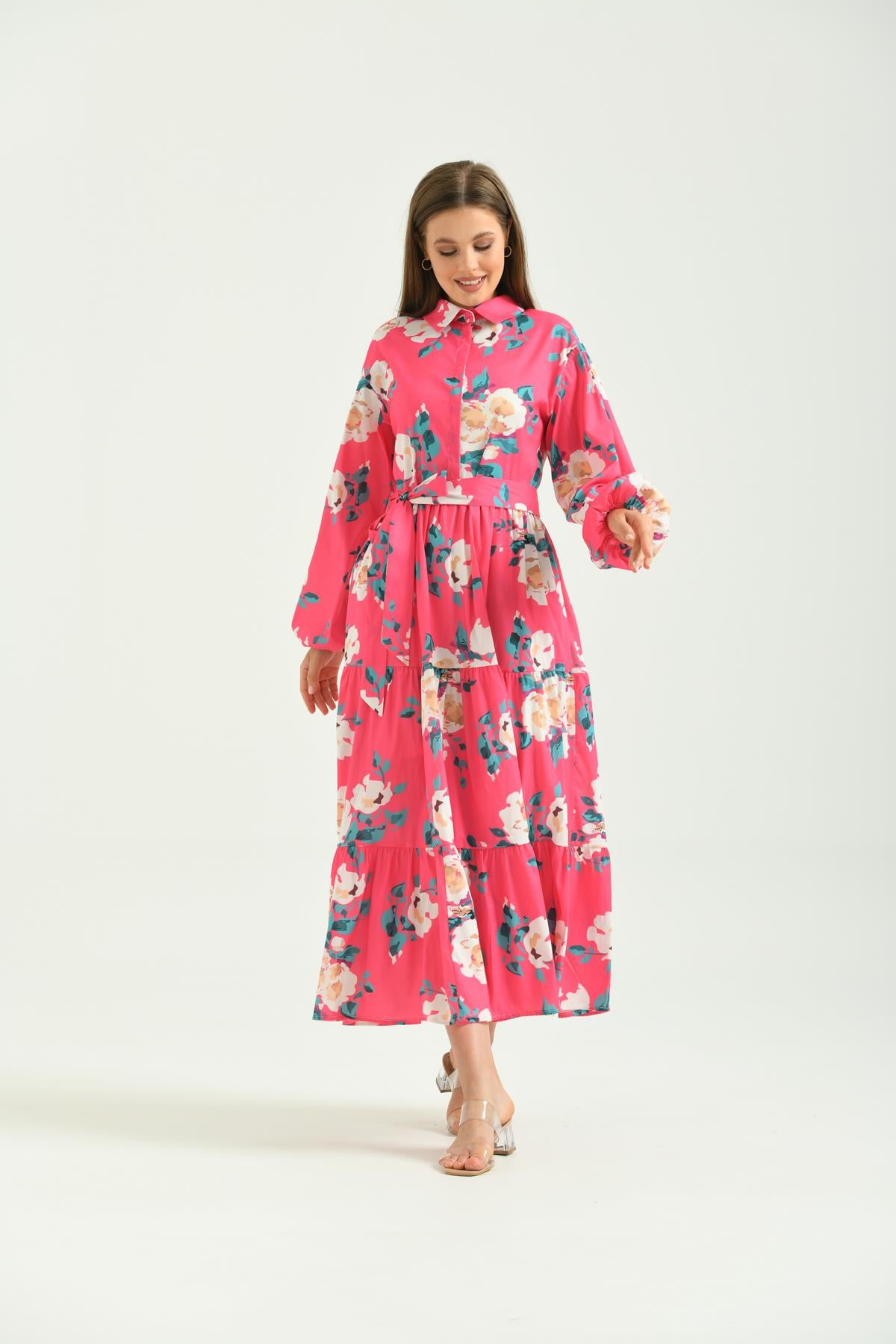 FTZ Women Kadın Desenli Poplin Elbise  Fuşya 30107