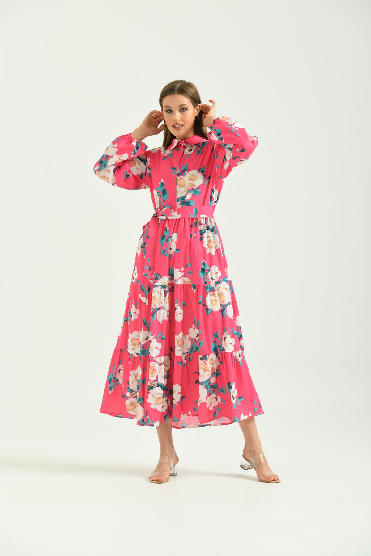 FTZ Women Kadın Desenli Poplin Elbise  Fuşya 30107