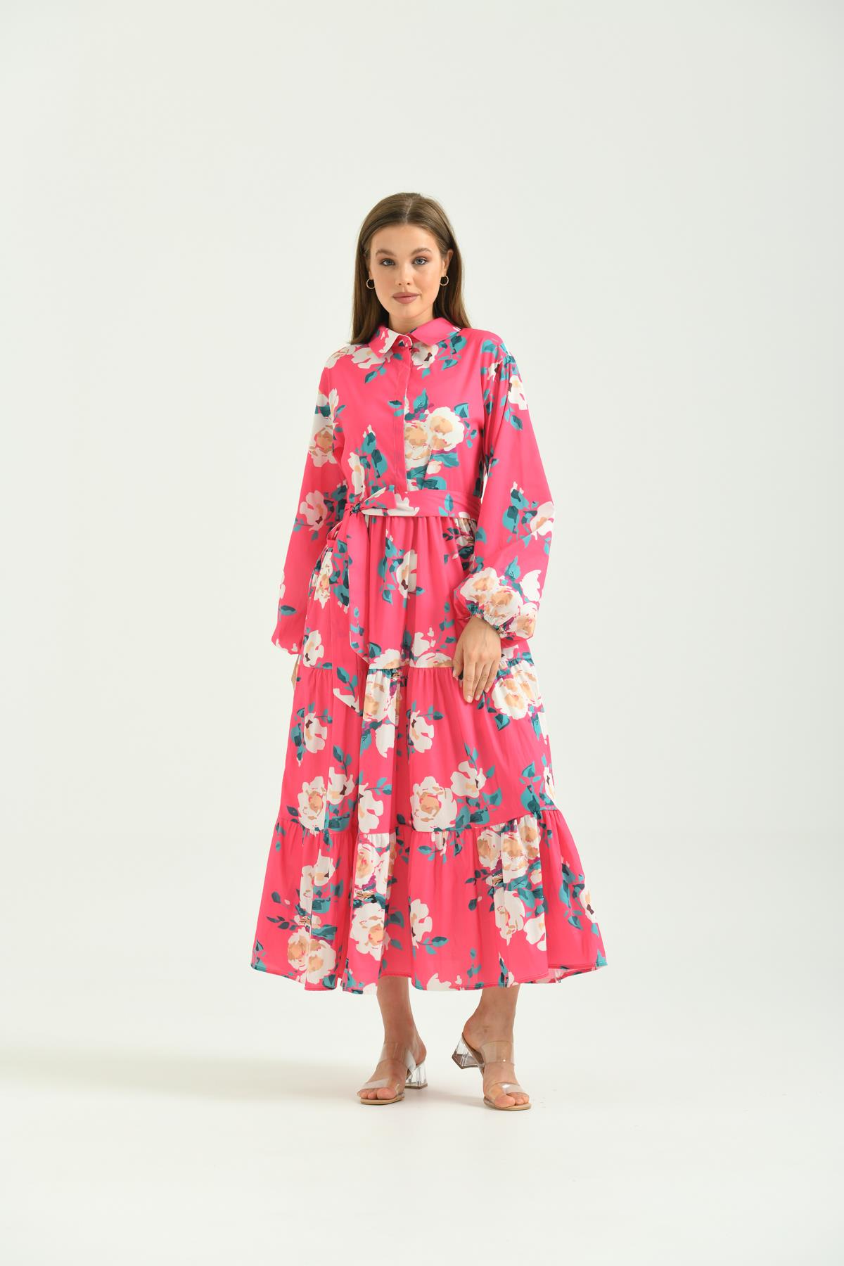 FTZ Women Kadın Desenli Poplin Elbise  Fuşya 30107