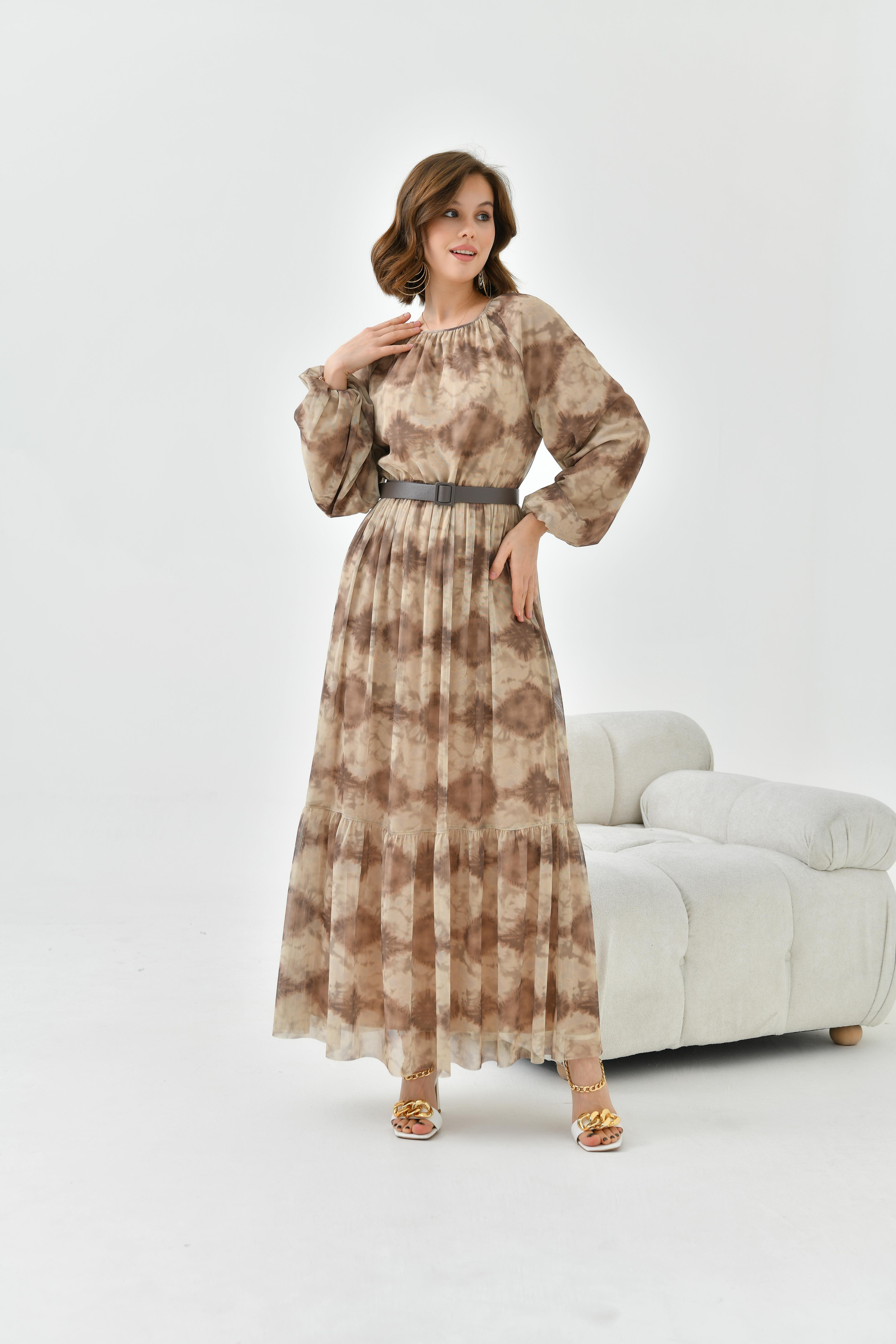 FTZ Women Kadın Desenli Tül Elbise  Beige 30763