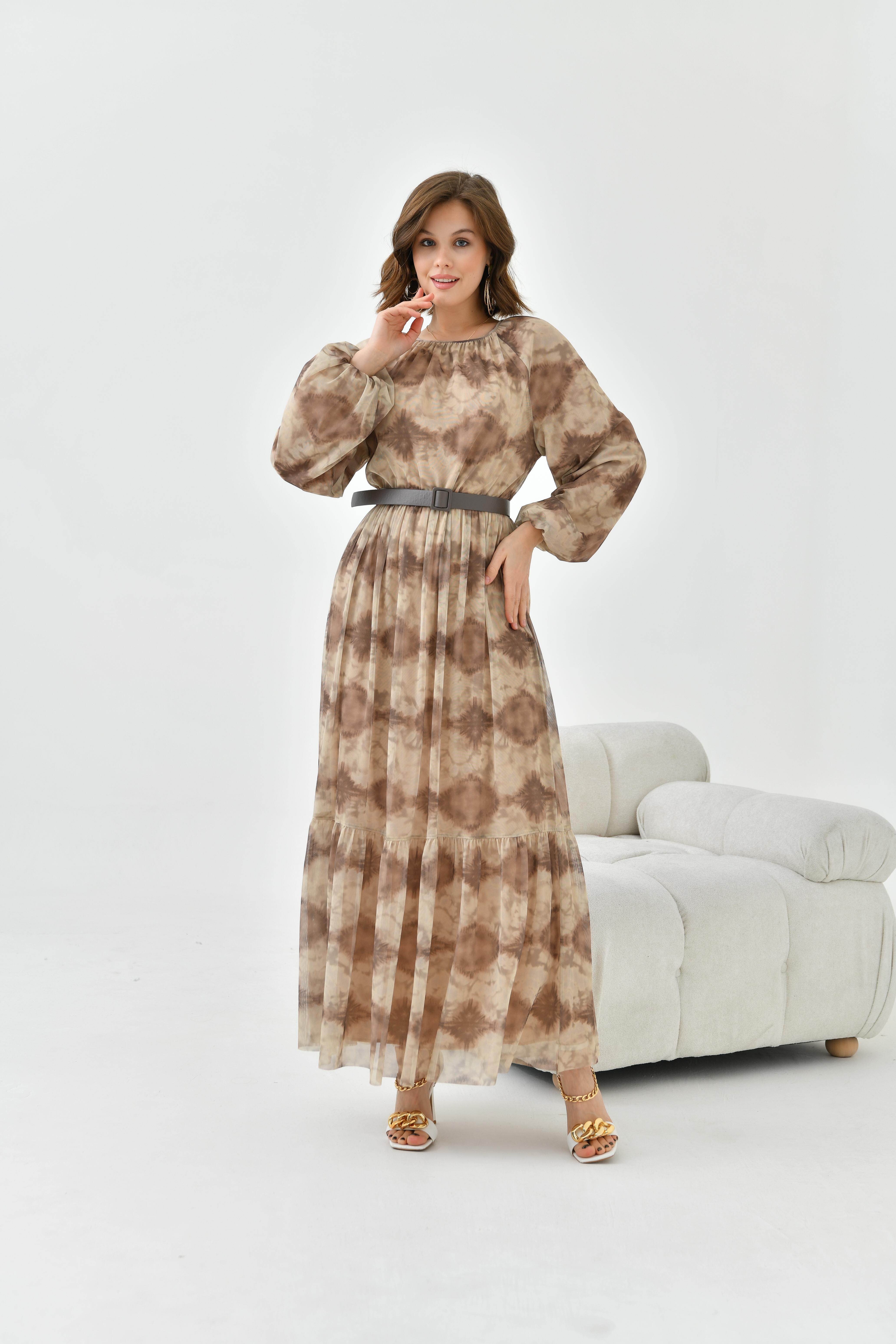 FTZ Women Kadın Desenli Tül Elbise  Beige 30763