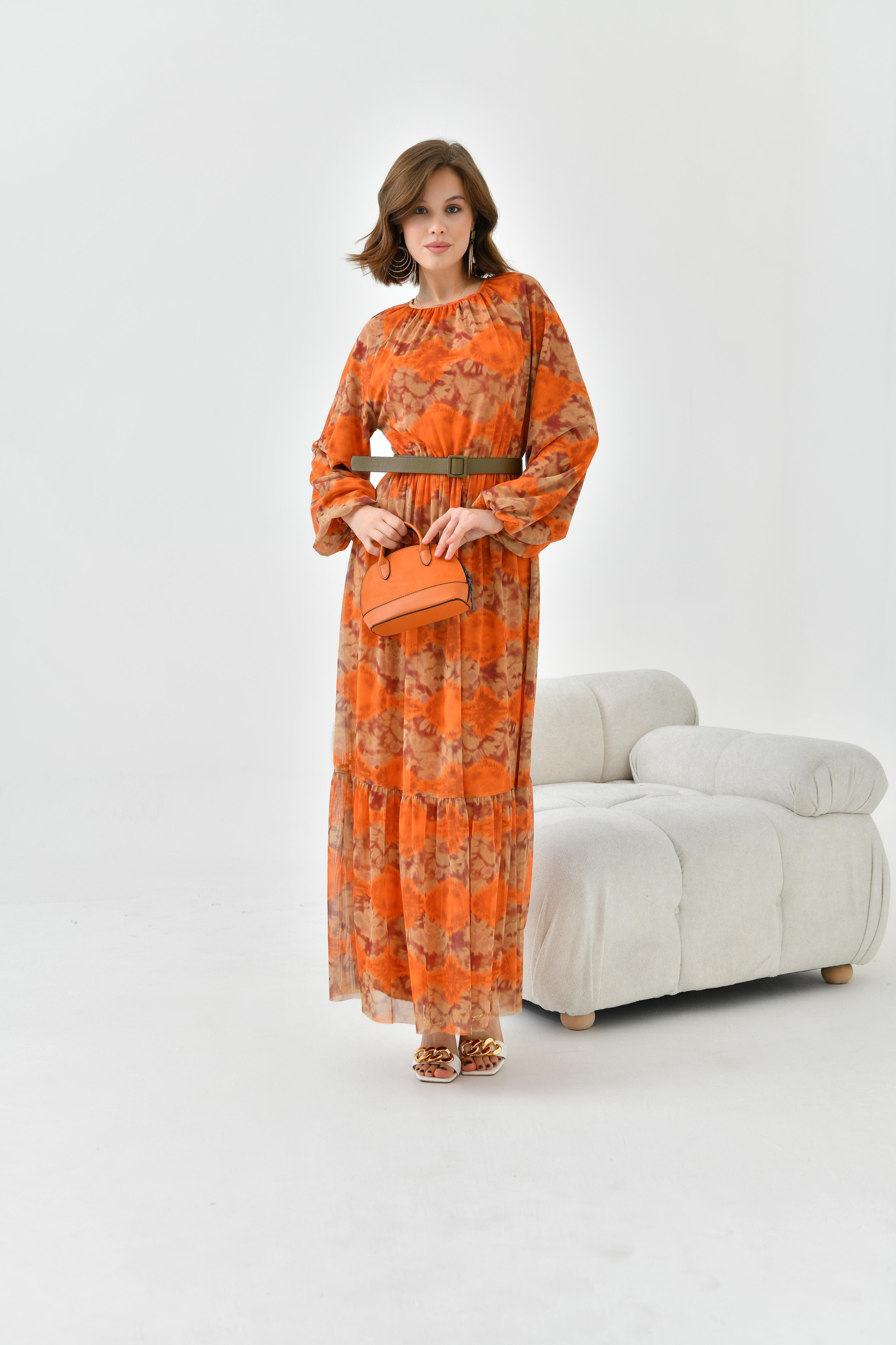 FTZ Women Kadın Desenli Tül Elbise  Orange 30763