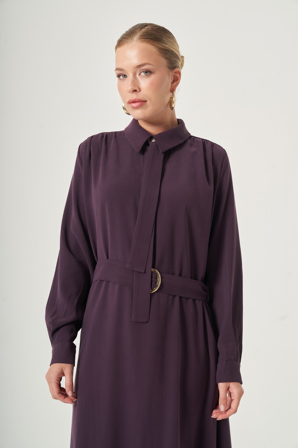 FTZ Women Kadın Diagonel Tensel Rahat Kalıp Elbise  Mürdüm 31559