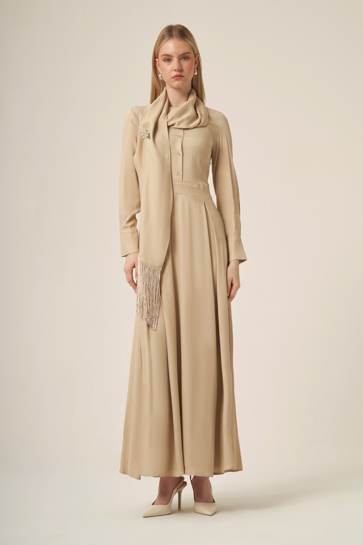 FTZ Women Kadın Doğal Elyaf Şal Detay Elbise  Beige 31337