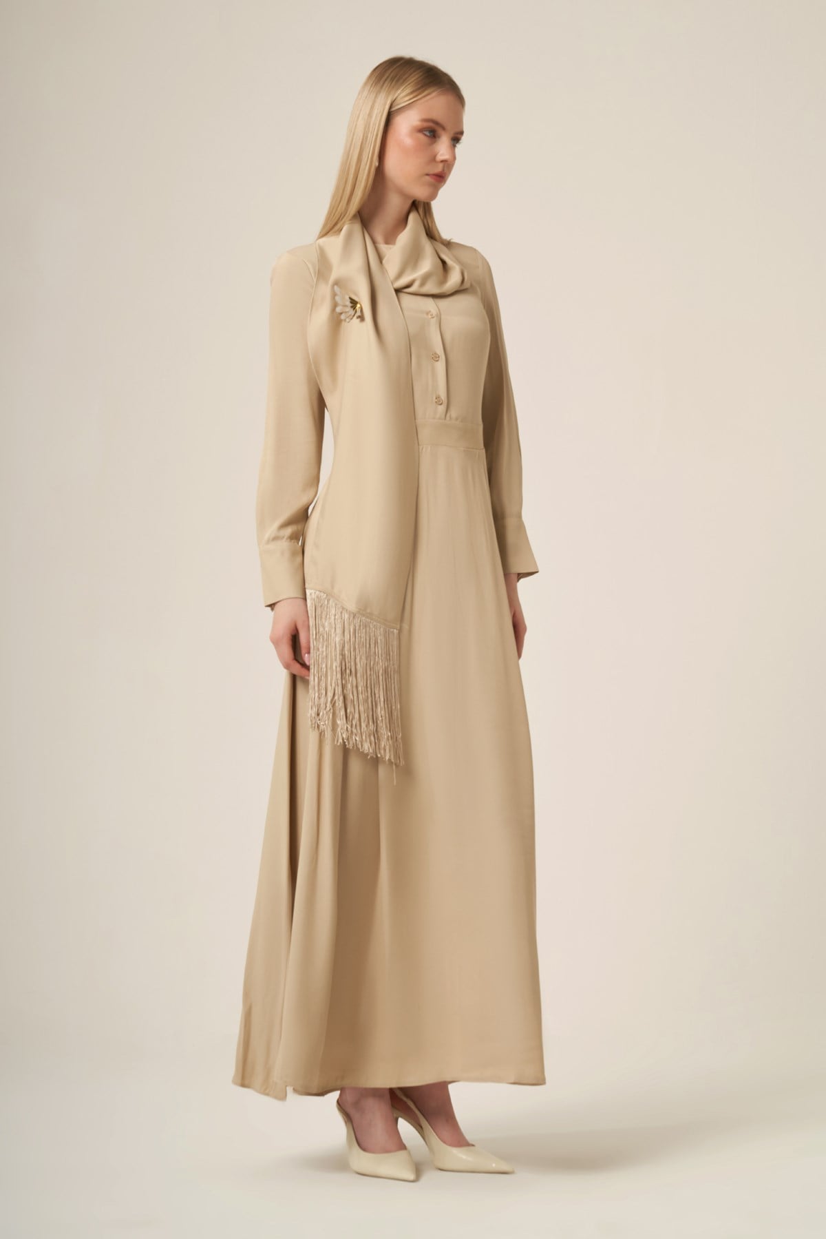 FTZ Women Kadın Doğal Elyaf Şal Detay Elbise  Beige 31337