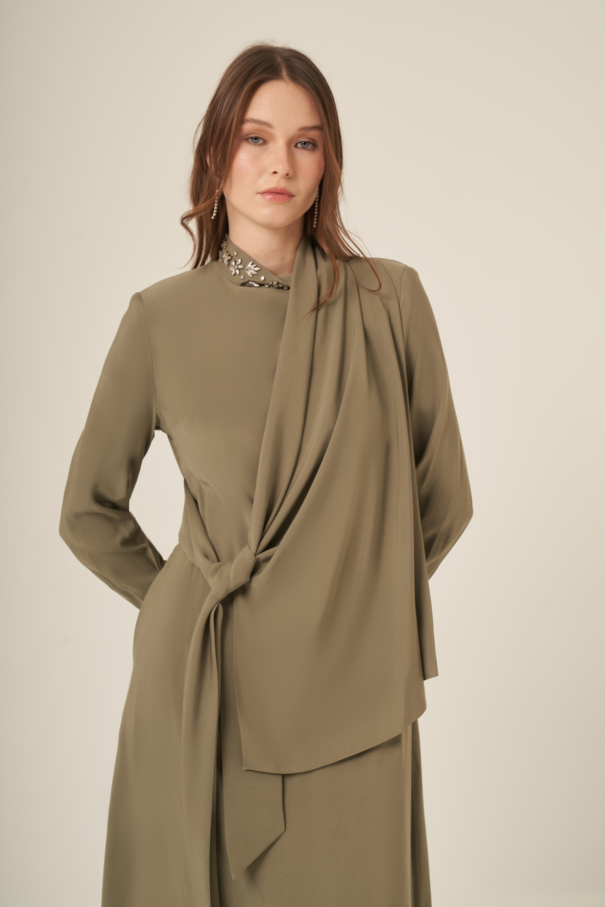 FTZ Women Kadın Doğal Elyaf Yaka Taşli Elbise  Haki 31317