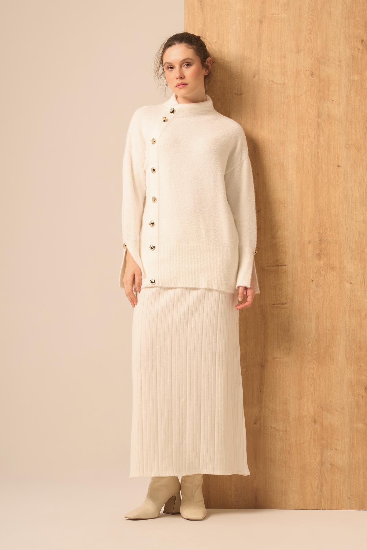 FTZ Women Kadın Düğme Detay Kazak  Ekru 25064