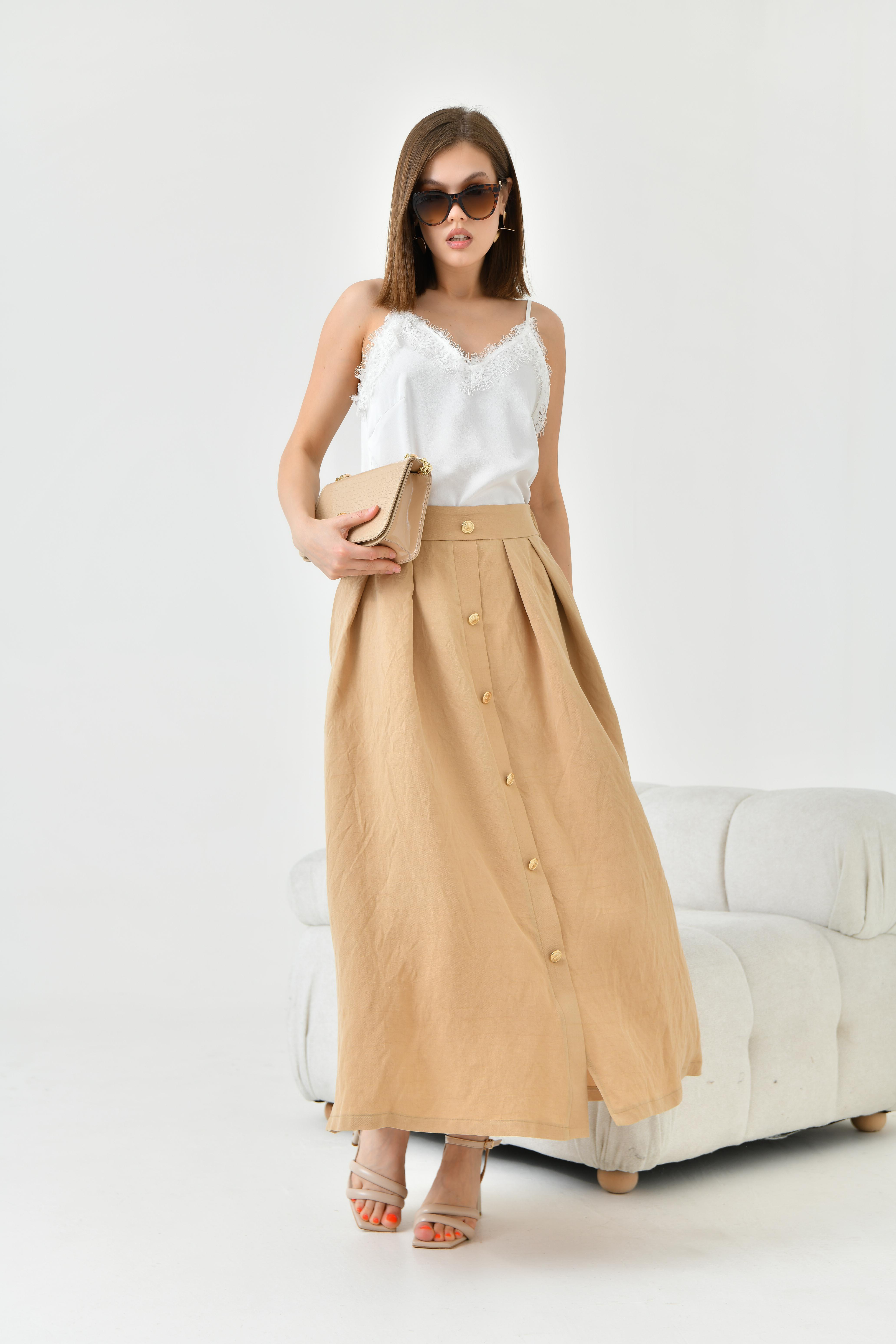 FTZ Women Kadın Düğmeli Etek  Beige 30819