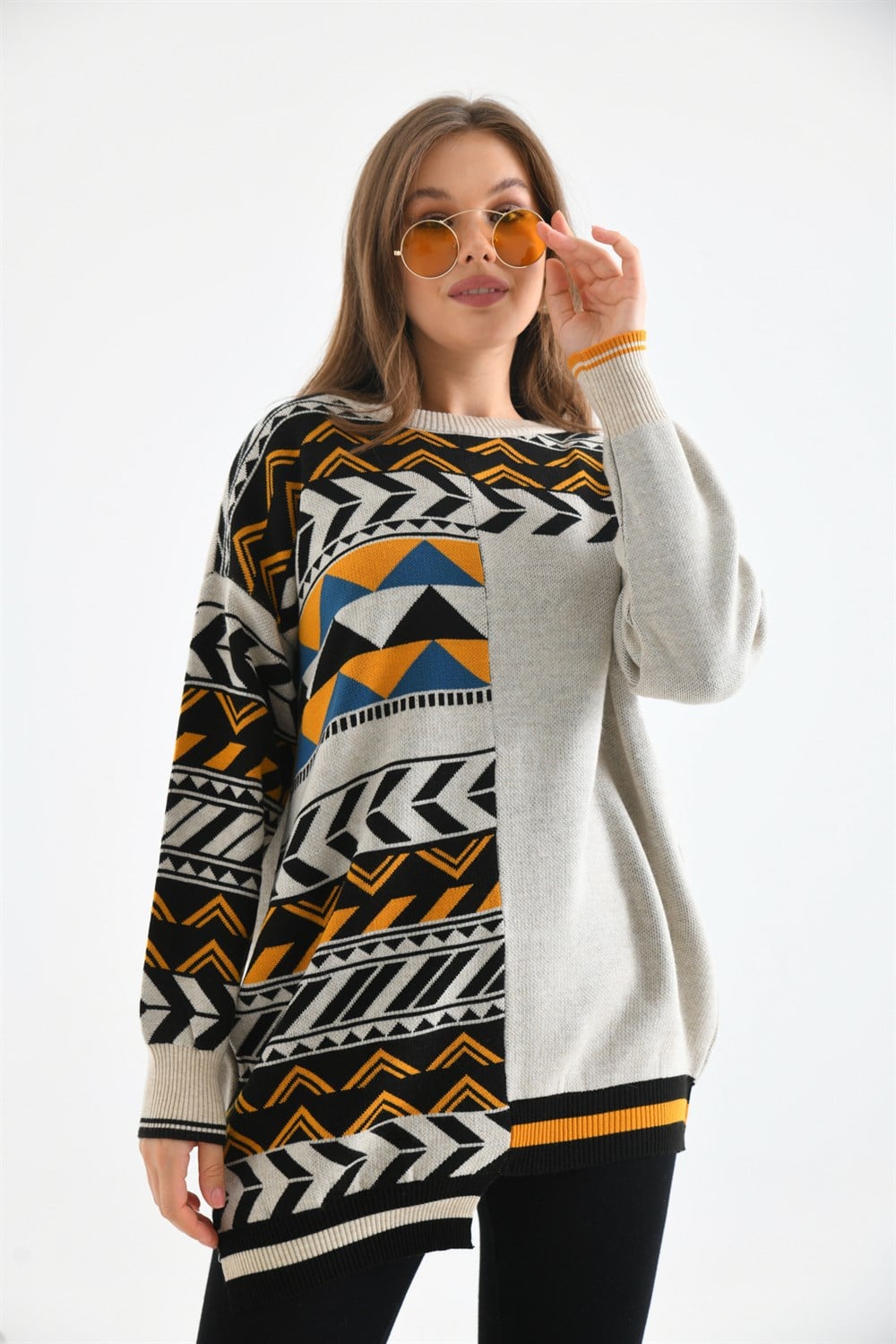 FTZ Women Kadın Etnik Desen Bluz  Taş 21-6269