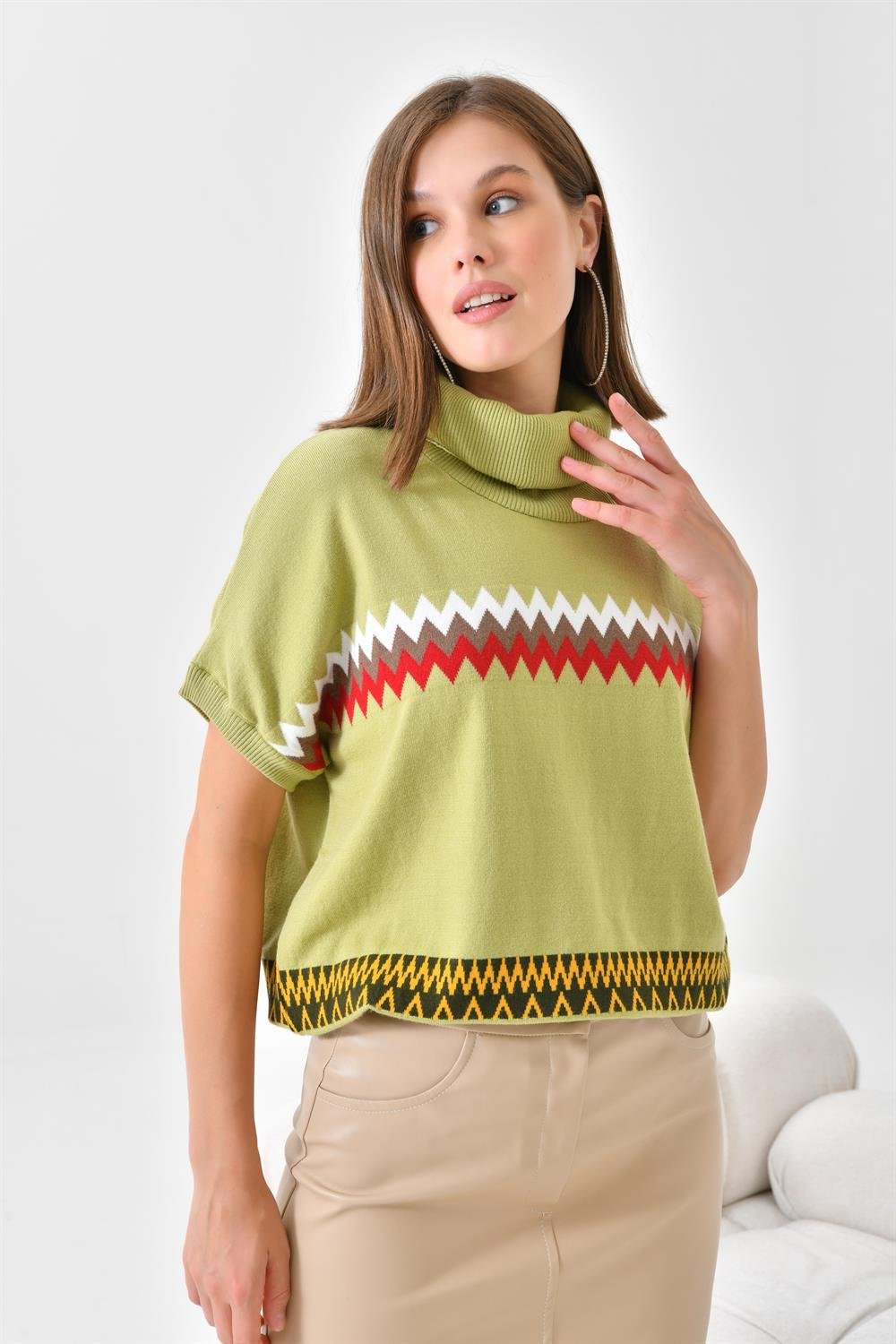 FTZ Women Kadın Etnik Desenli Süveter  Su Yeşili 20073