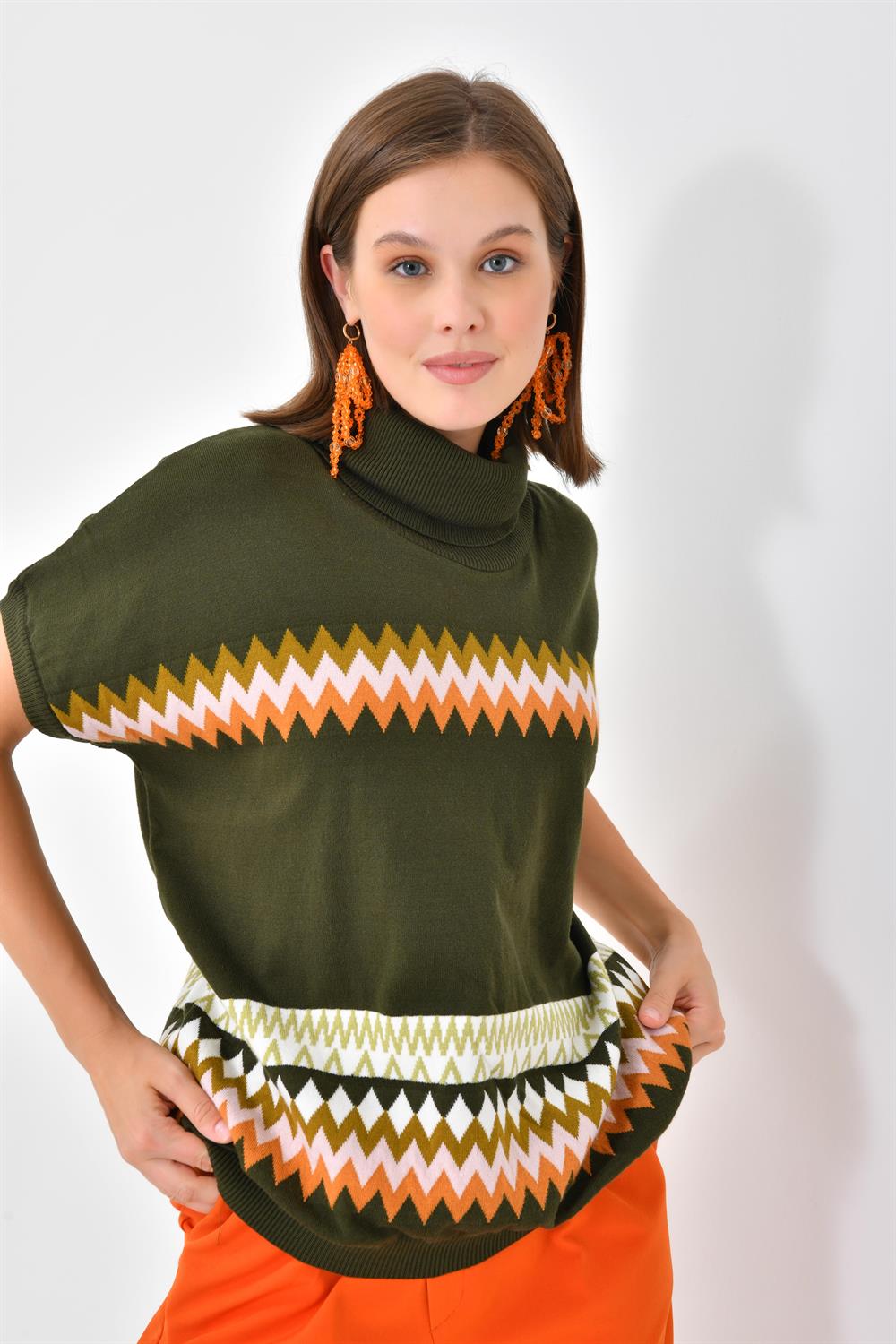 FTZ Women Kadın Etnik Desenli Süveter  Haki 20073