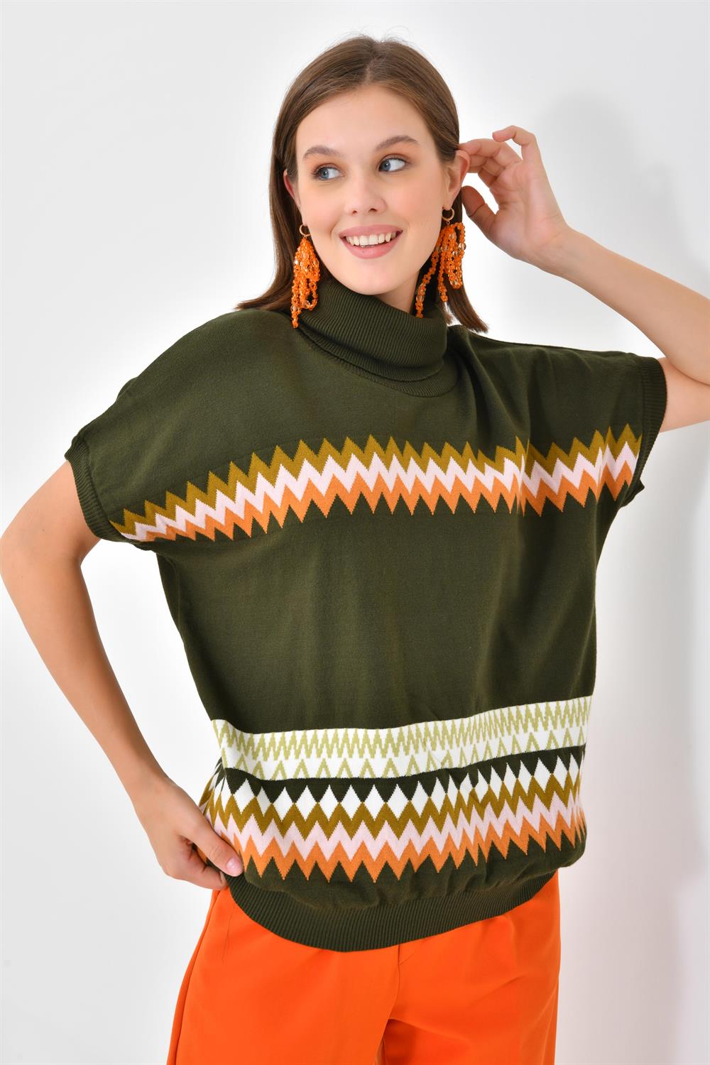 FTZ Women Kadın Etnik Desenli Süveter  Haki 20073