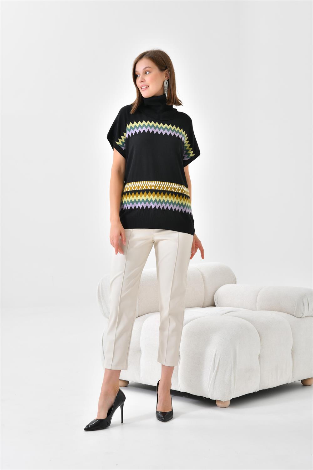 FTZ Women Kadın Etnik Desenli Süveter  Siyah 20073