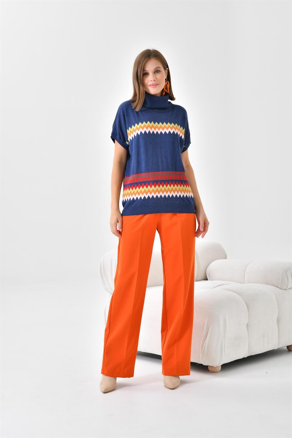 FTZ Women Kadın Etnik Desenli Süveter  İndigo 20073