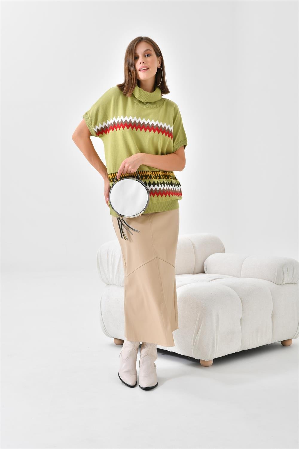 FTZ Women Kadın Etnik Desenli Süveter  Su Yeşili 20073