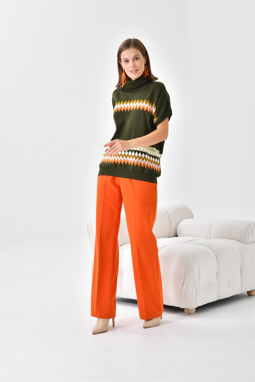 FTZ Women Kadın Etnik Desenli Süveter  Haki 20073