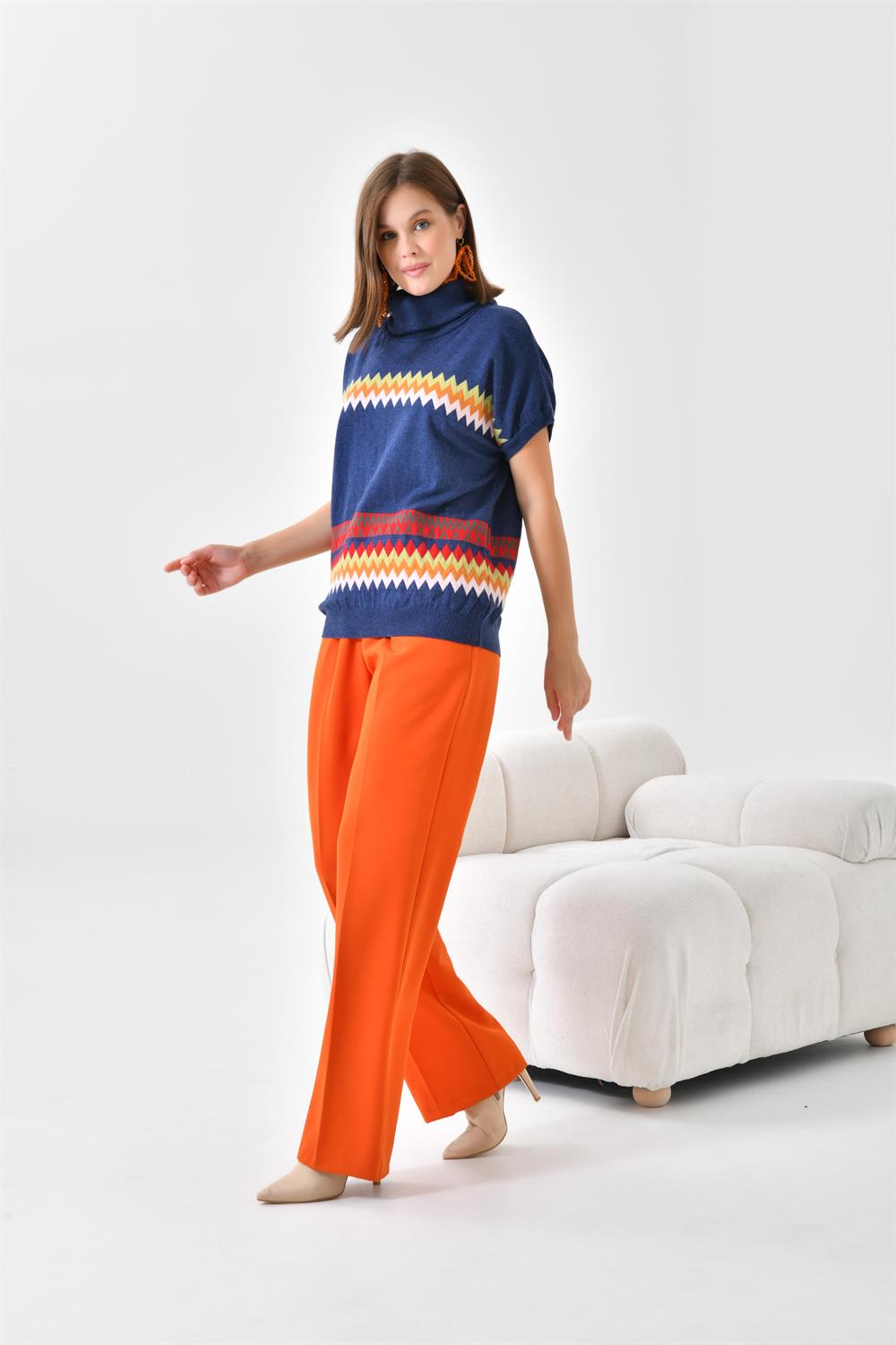 FTZ Women Kadın Etnik Desenli Süveter  İndigo 20073