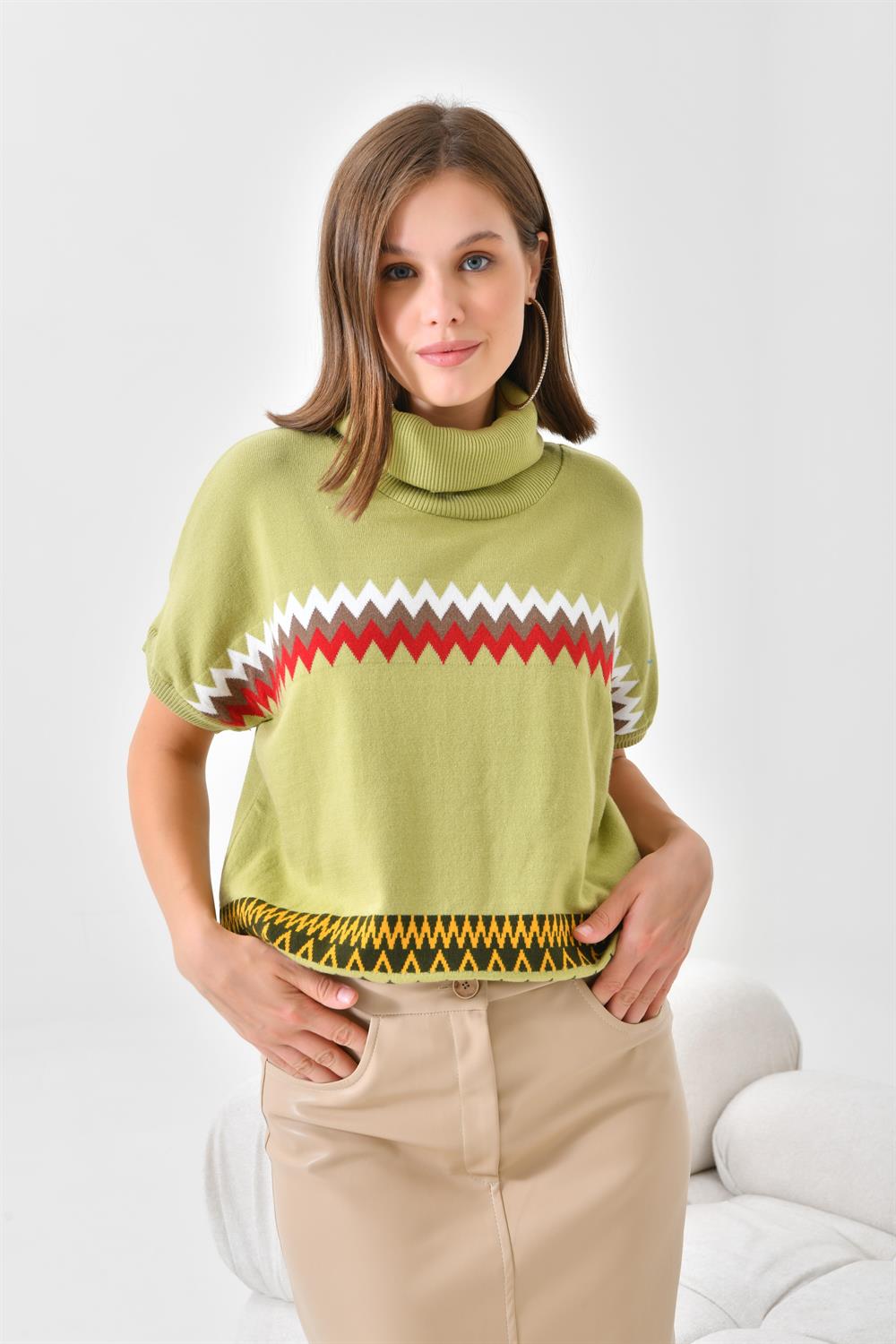 FTZ Women Kadın Etnik Desenli Süveter  Su Yeşili 20073