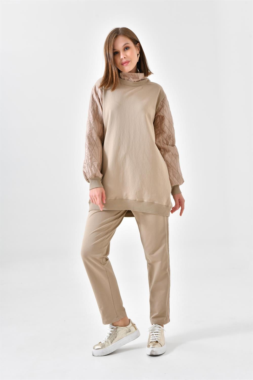FTZ Women Kadın İki İp Deri Detaylı Takım  Beige 30616