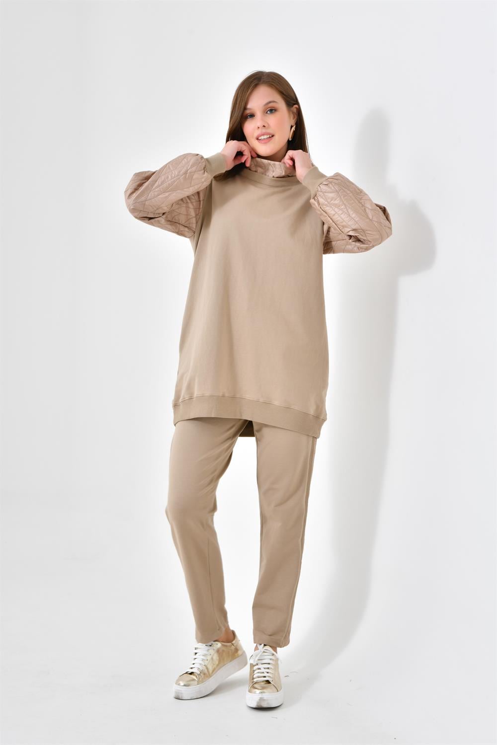 FTZ Women Kadın İki İp Deri Detaylı Takım  Beige 30616