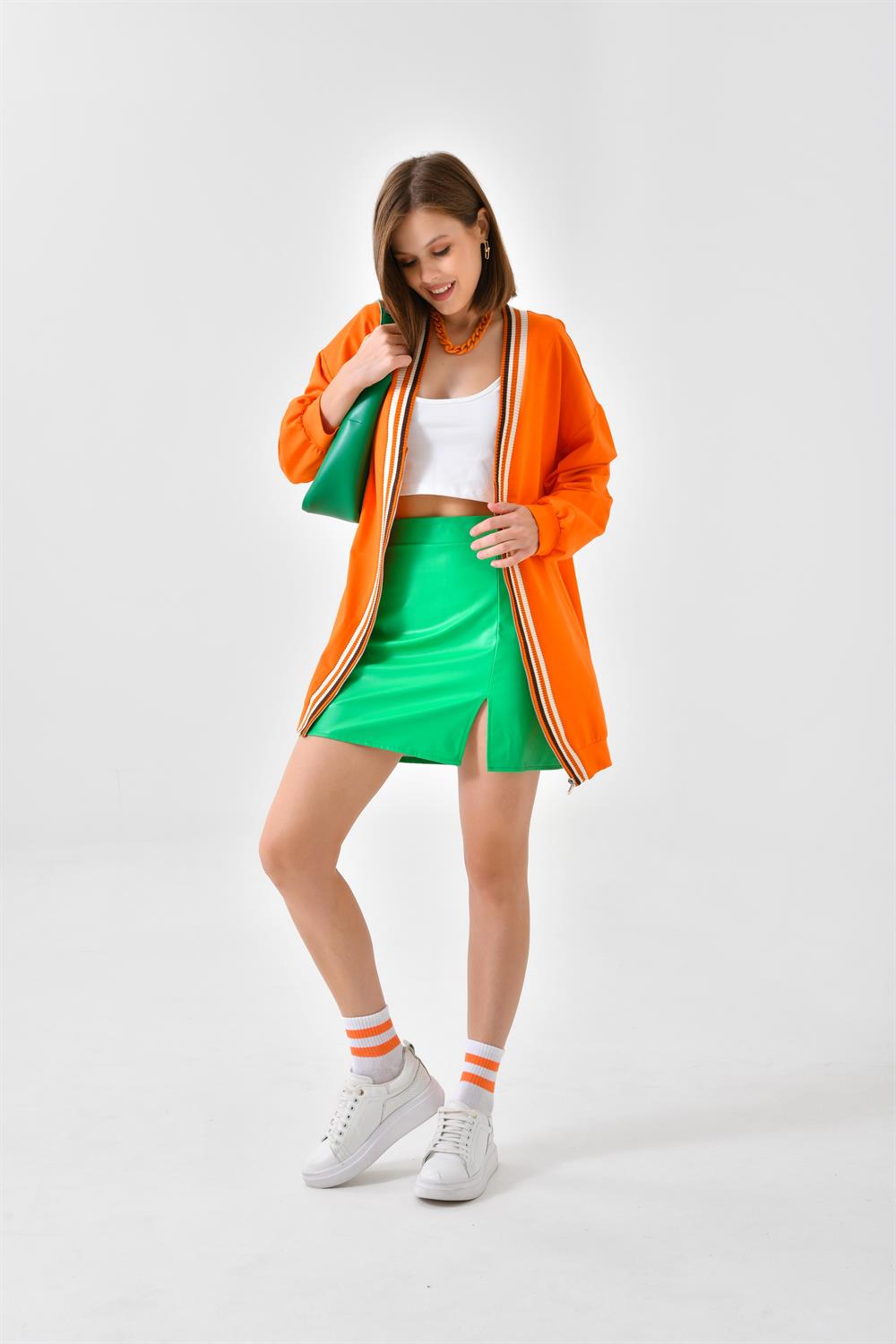 FTZ Women Kadın İki İp Hırka  Orange 30479