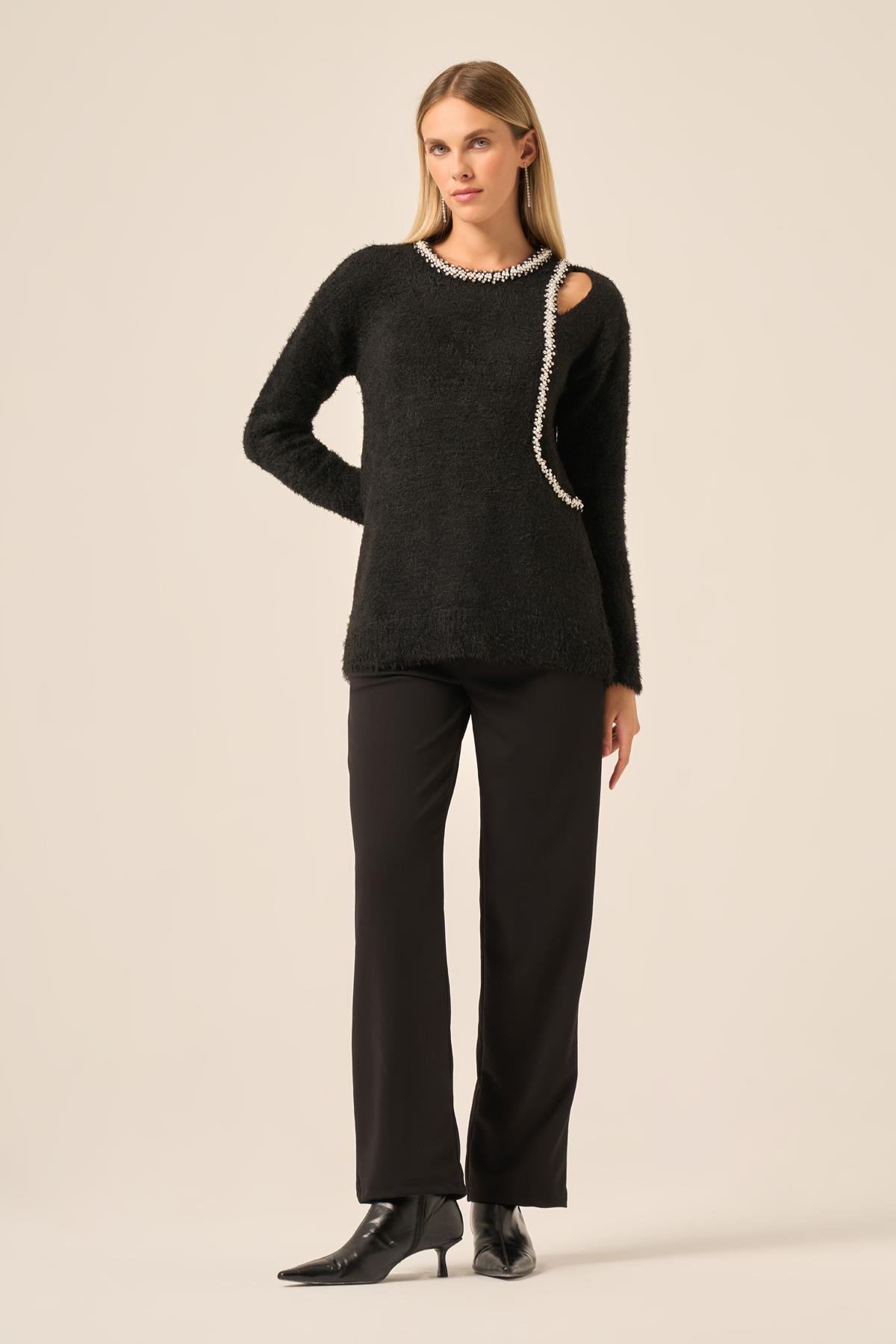 FTZ Women Kadın İnci Detay Kazak  Siyah 25061