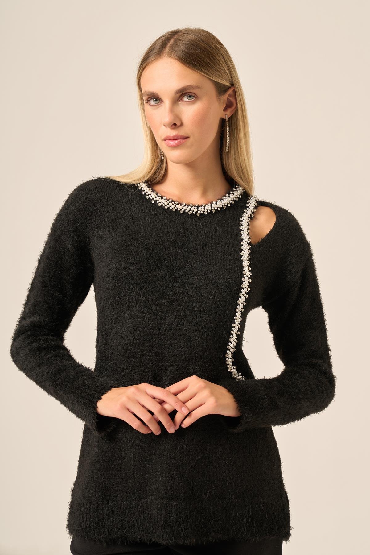 FTZ Women Kadın İnci Detay Kazak  Siyah 25061