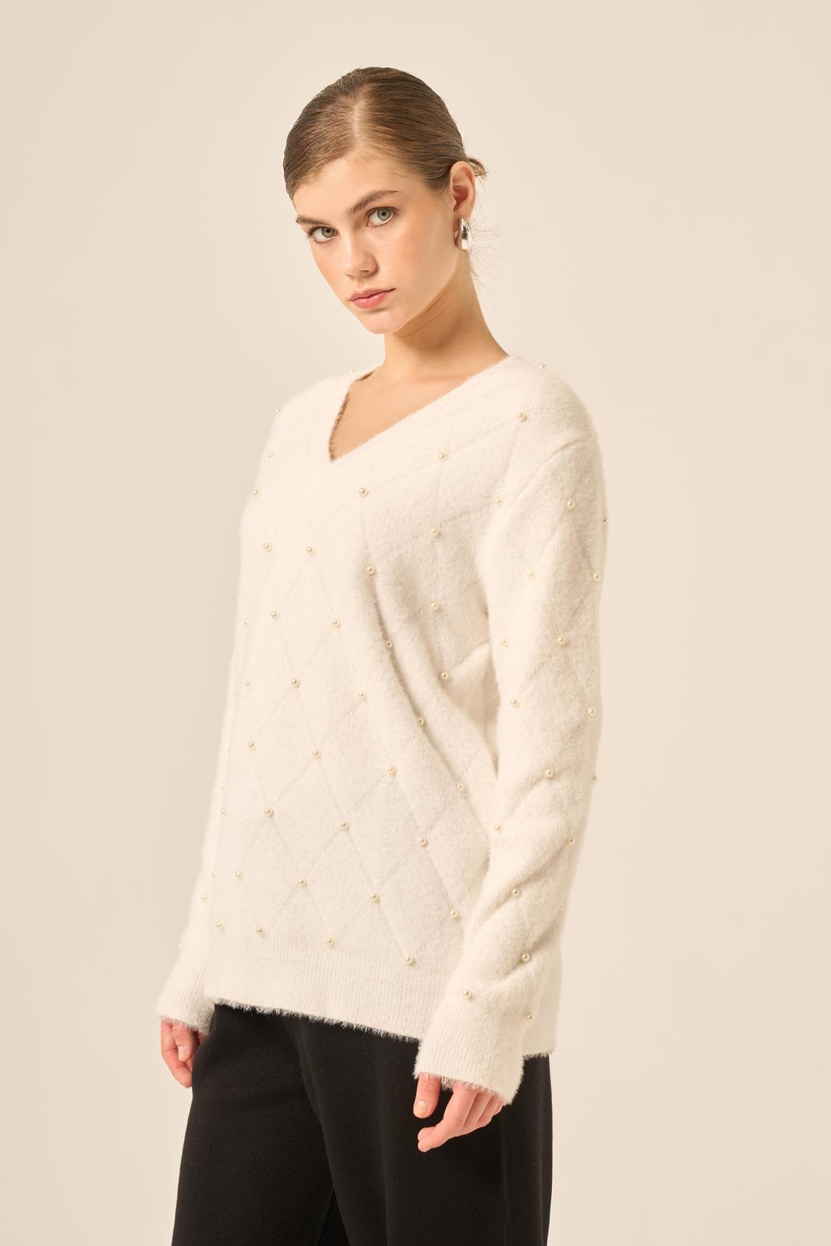 FTZ Women Kadın İnci Detaylı Kazak  Ekru 25057
