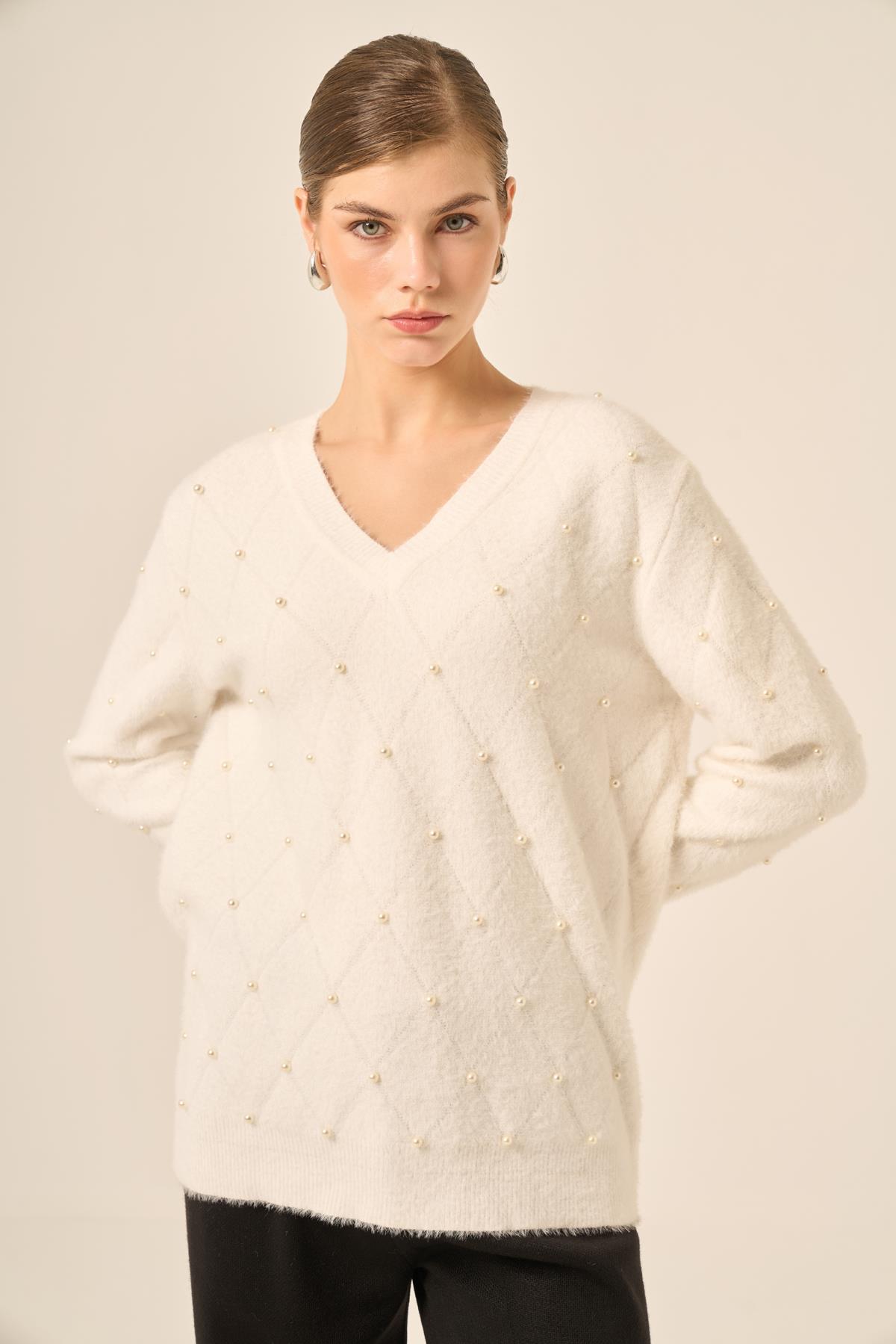 FTZ Women Kadın İnci Detaylı Kazak  Ekru 25057