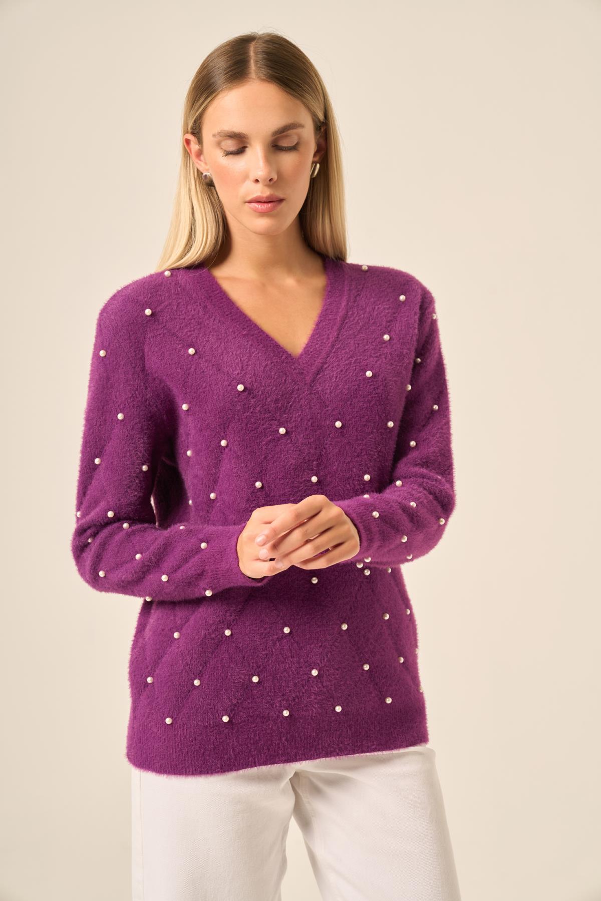 FTZ Women Kadın İnci Detaylı Kazak  Mor 25057