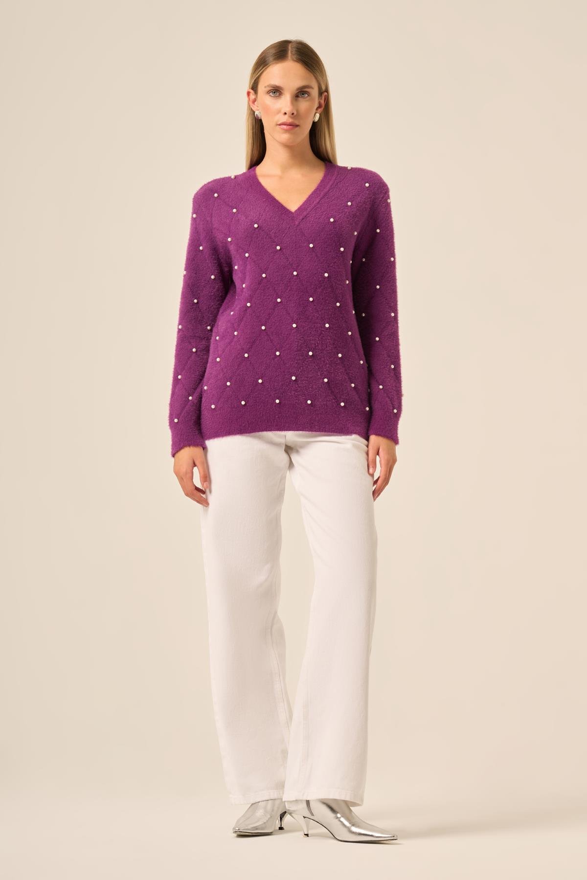 FTZ Women Kadın İnci Detaylı Kazak  Mor 25057