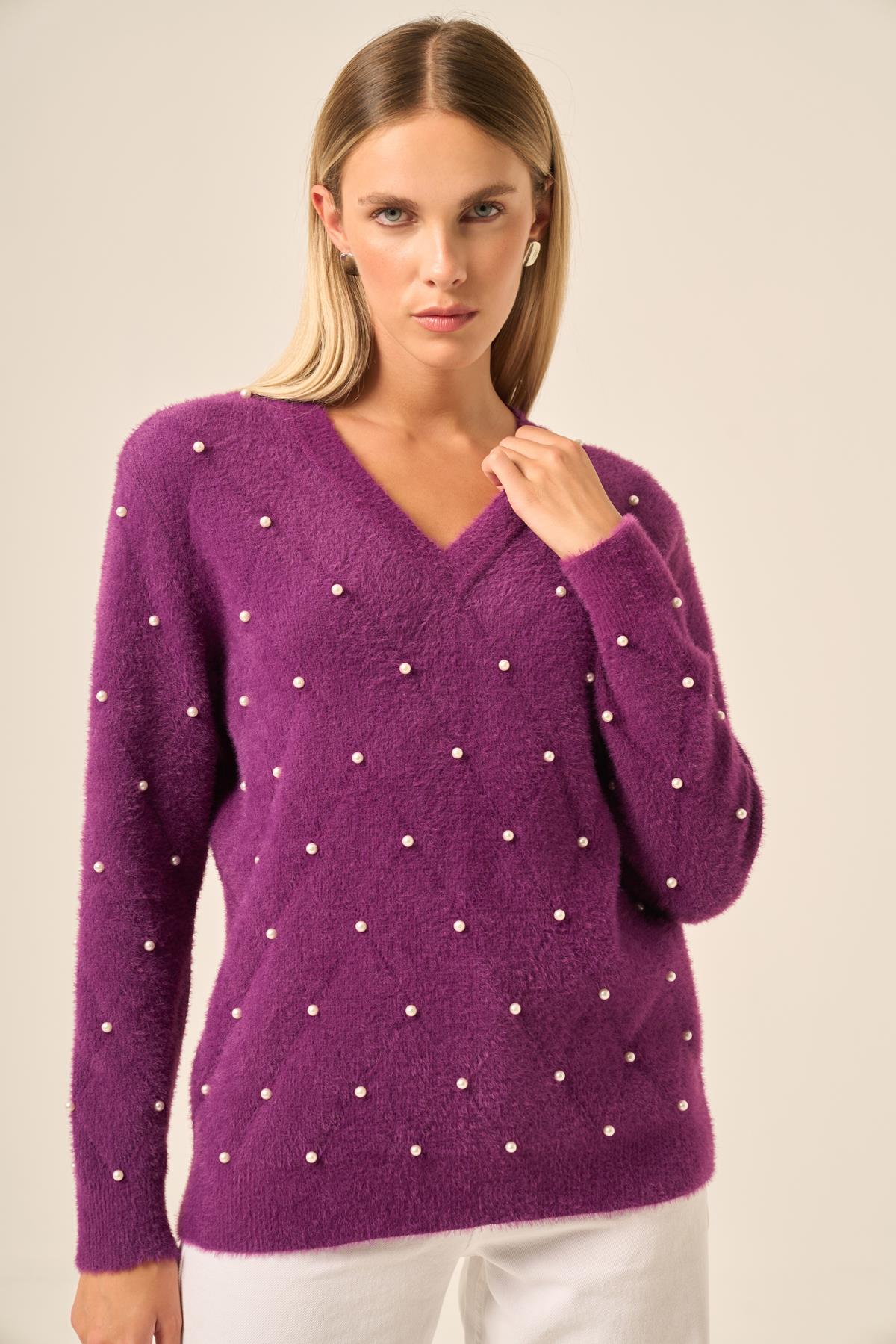 FTZ Women Kadın İnci Detaylı Kazak  Mor 25057