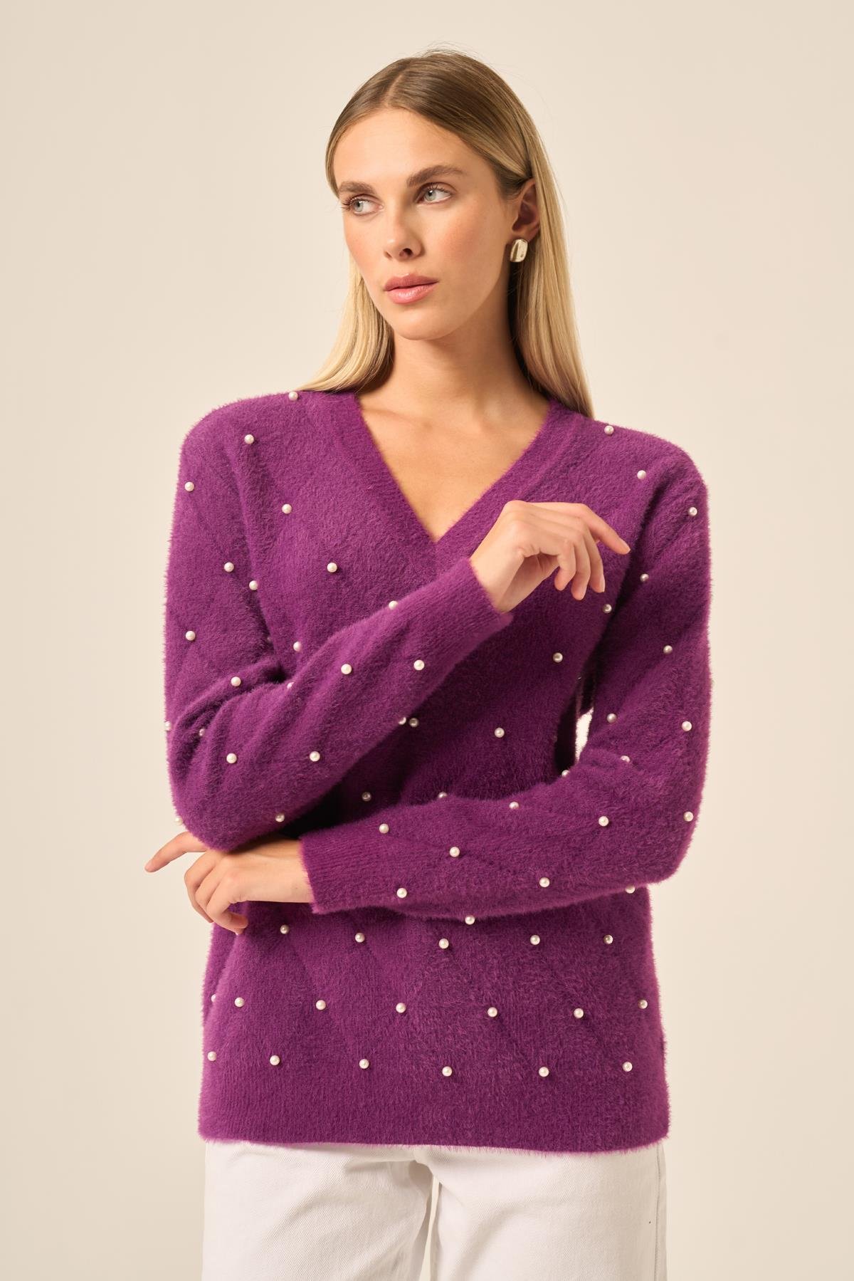 FTZ Women Kadın İnci Detaylı Kazak  Mor 25057