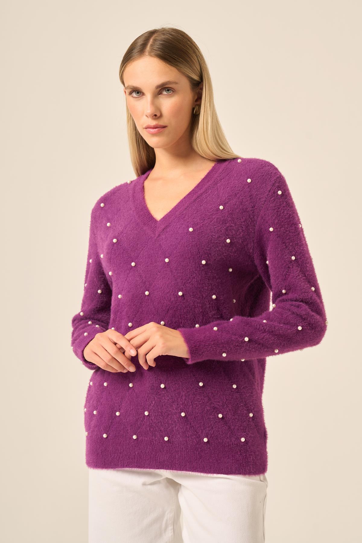 FTZ Women Kadın İnci Detaylı Kazak  Mor 25057