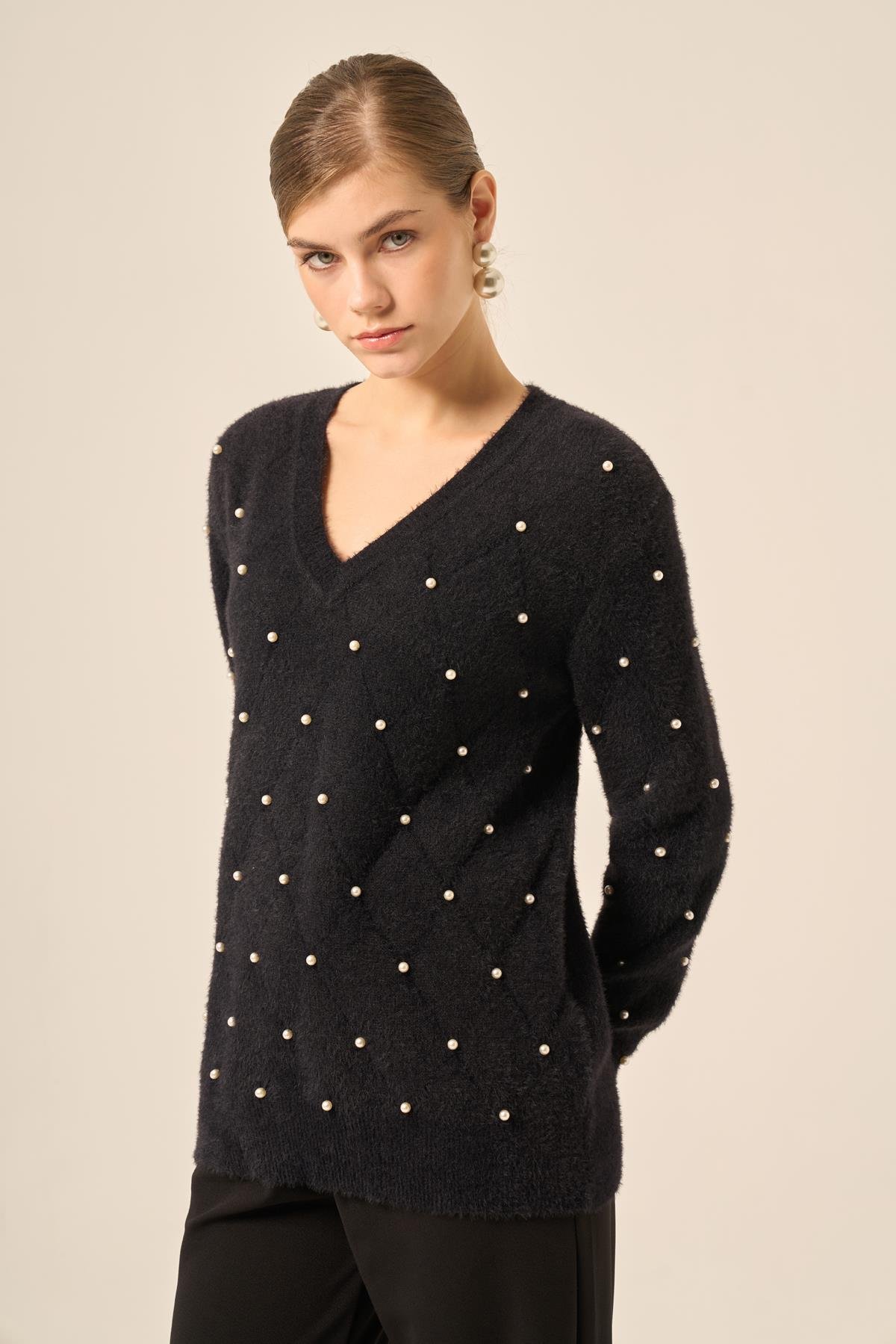 FTZ Women Kadın İnci Detaylı Kazak  Siyah 25057