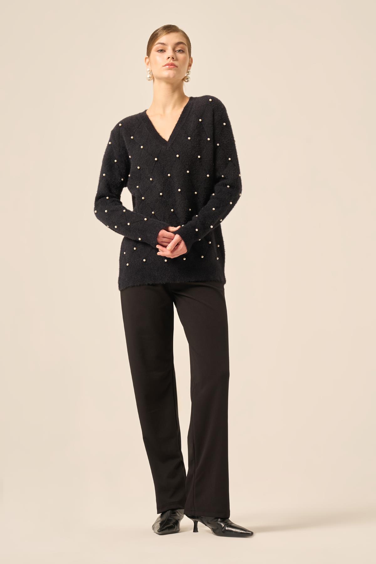 FTZ Women Kadın İnci Detaylı Kazak  Siyah 25057