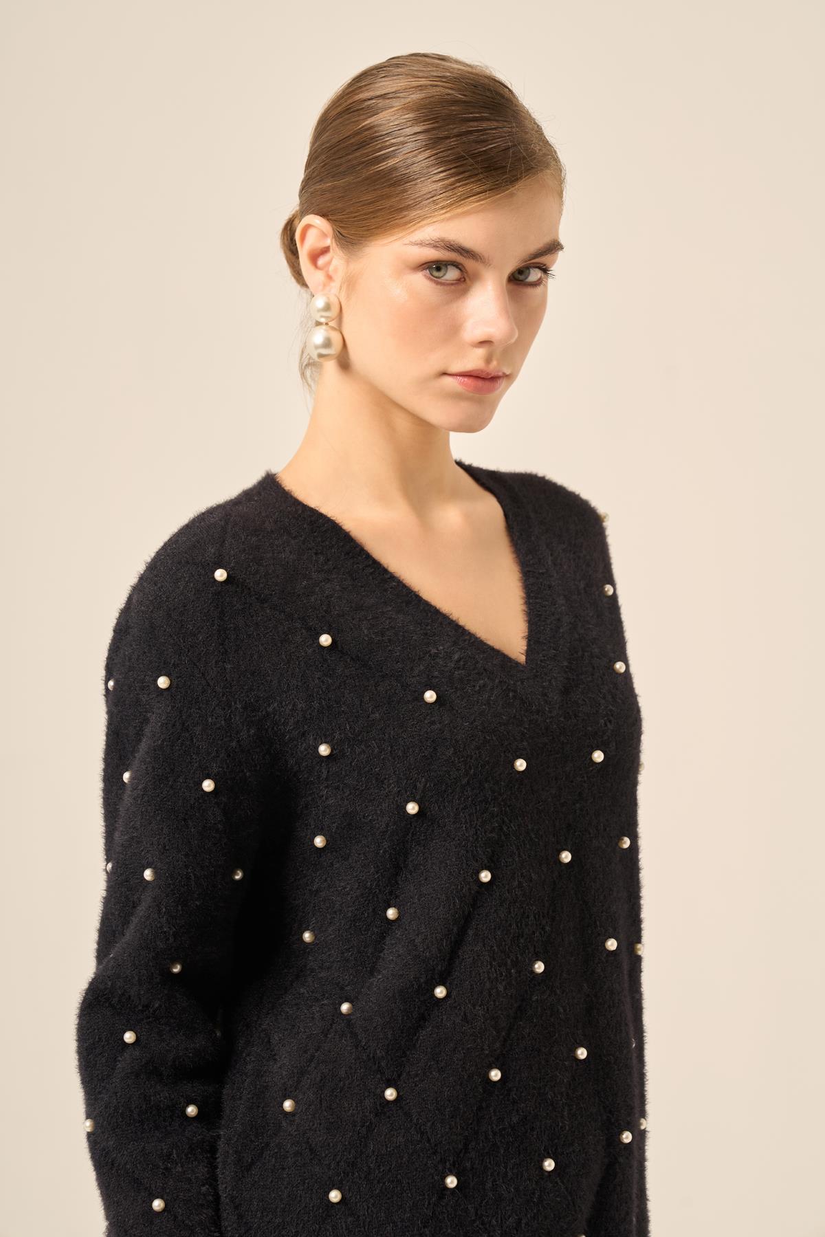 FTZ Women Kadın İnci Detaylı Kazak  Siyah 25057