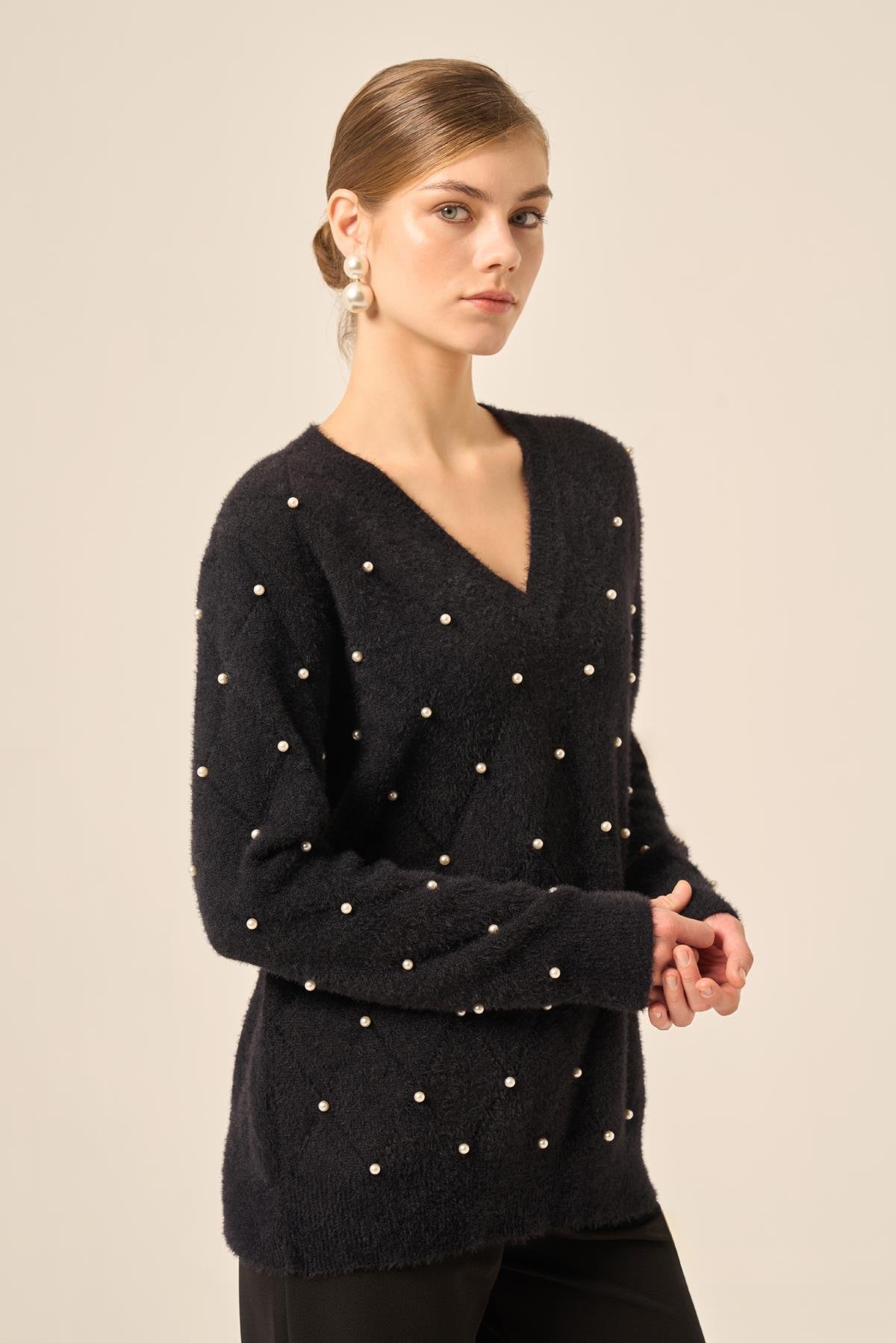 FTZ Women Kadın İnci Detaylı Kazak  Siyah 25057