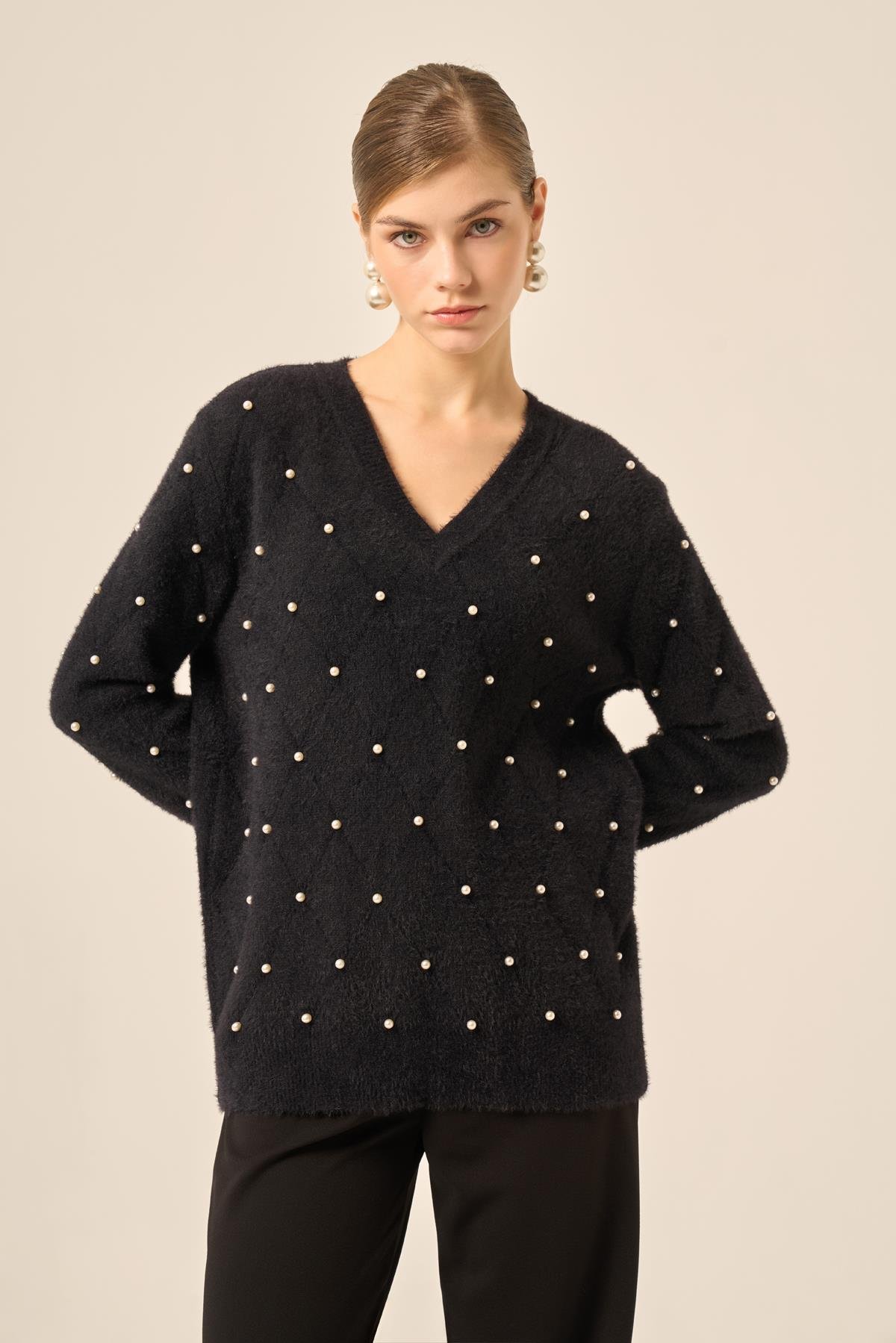 FTZ Women Kadın İnci Detaylı Kazak  Siyah 25057