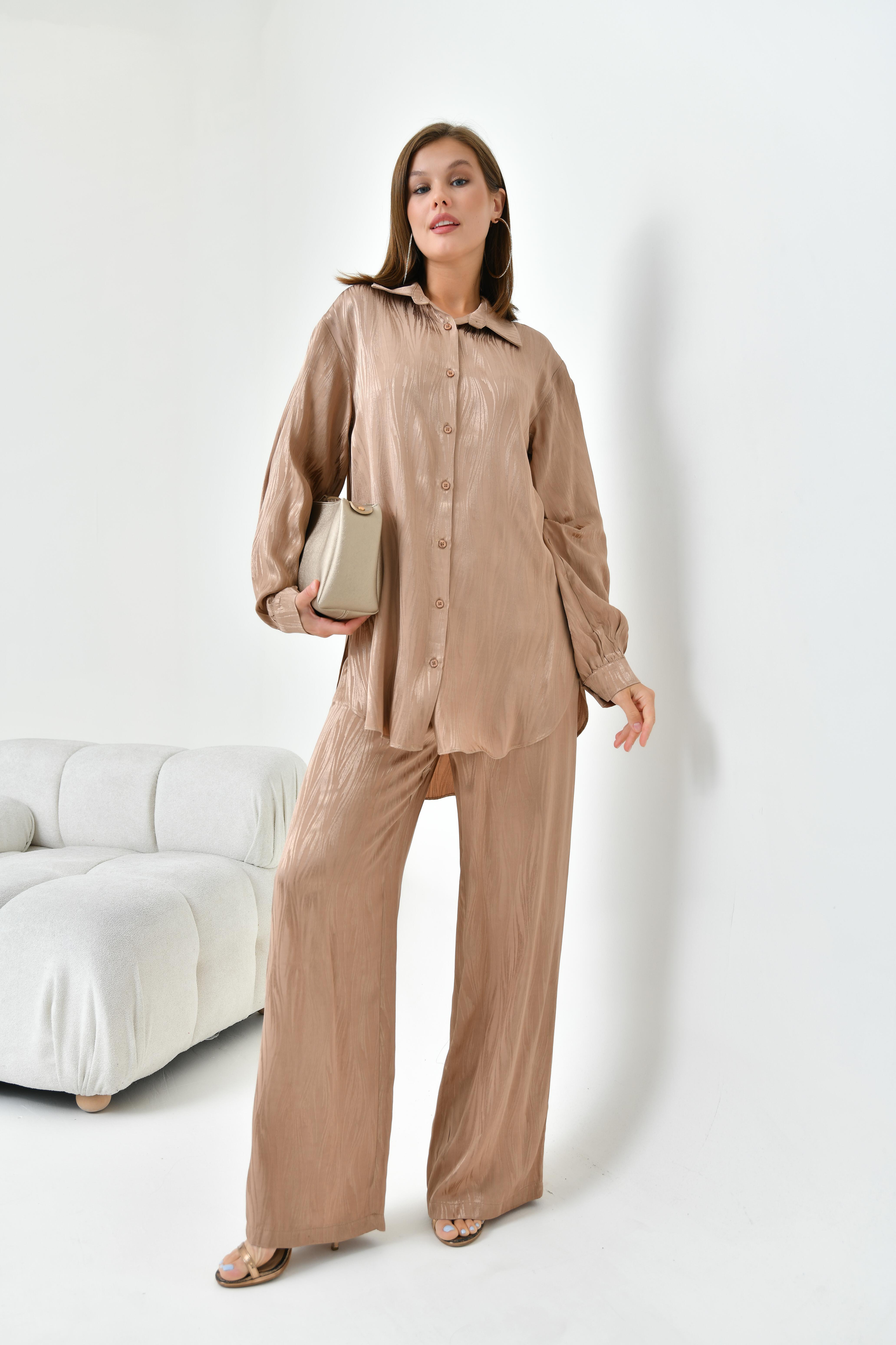 FTZ Women Kadın Jakarlı Pantolonlu Takım  Beige 30778