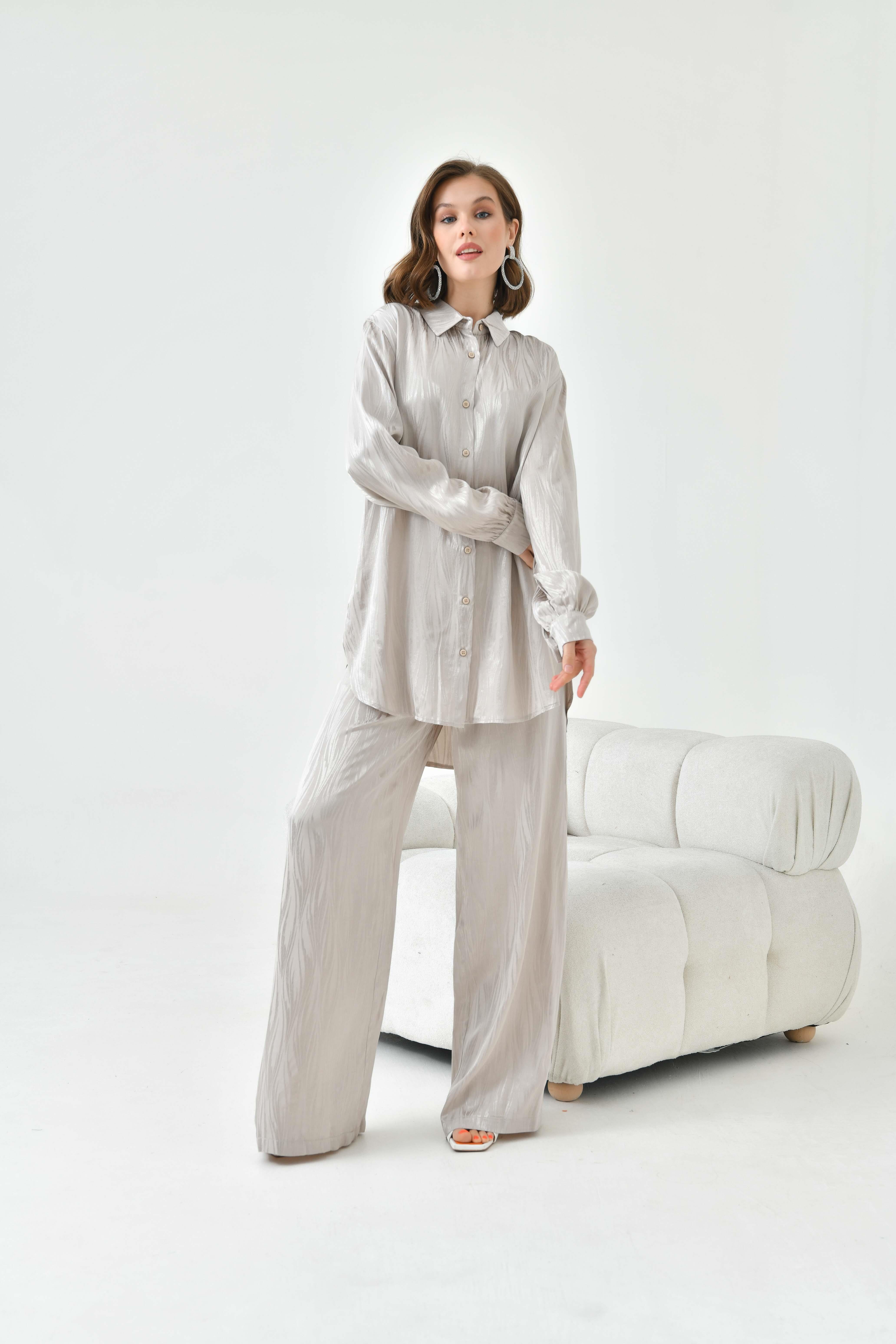 FTZ Women Kadın Jakarlı Pantolonlu Takım  Taş 30778