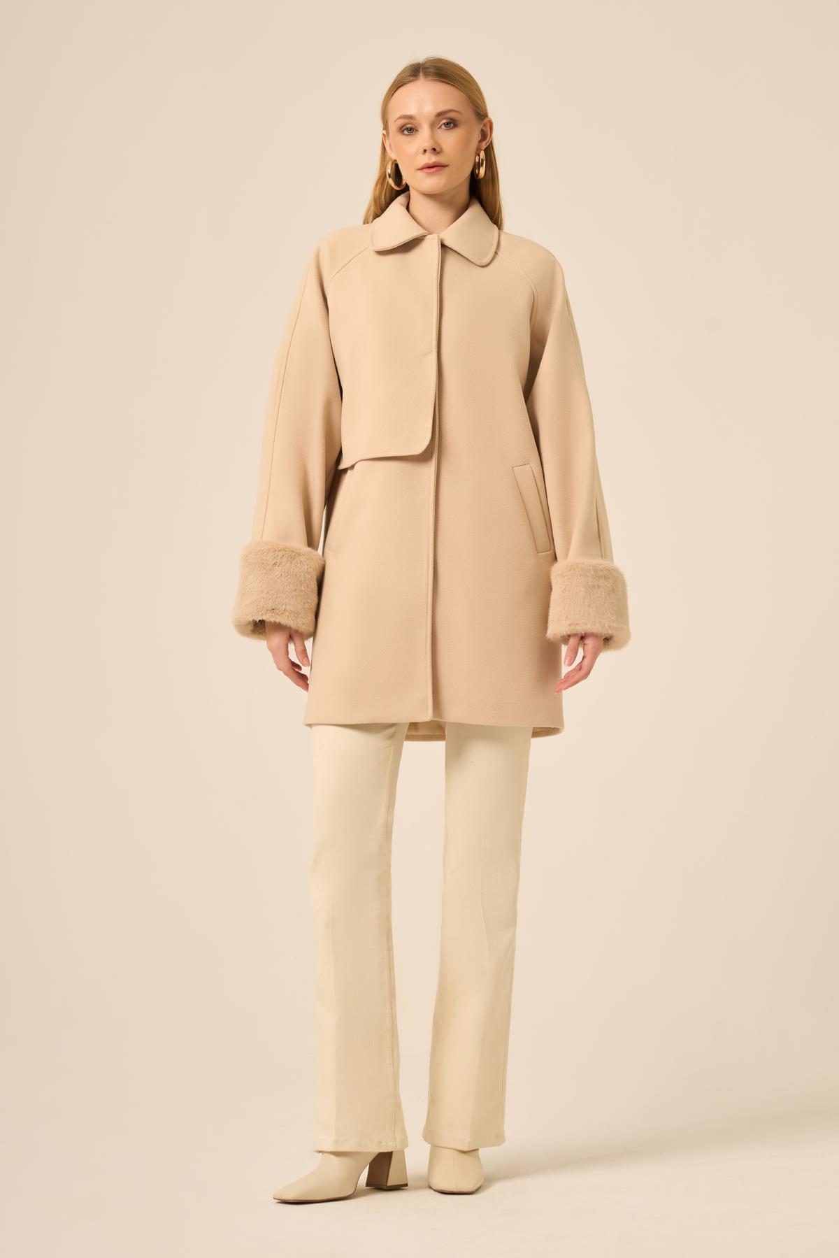 FTZ Women Kadın Rahat Kalıp Kürk Manşetli Kaşe Kaban  Beige 31280