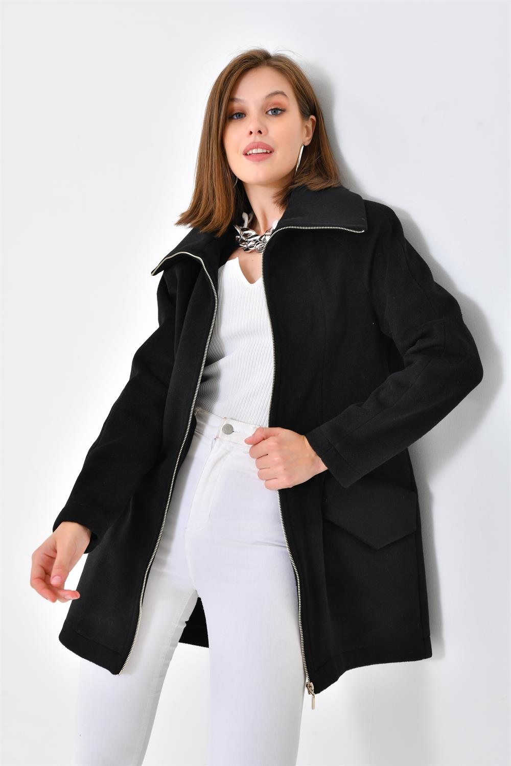 FTZ Women Kadın Kaşe Kaban  Siyah RBN4033