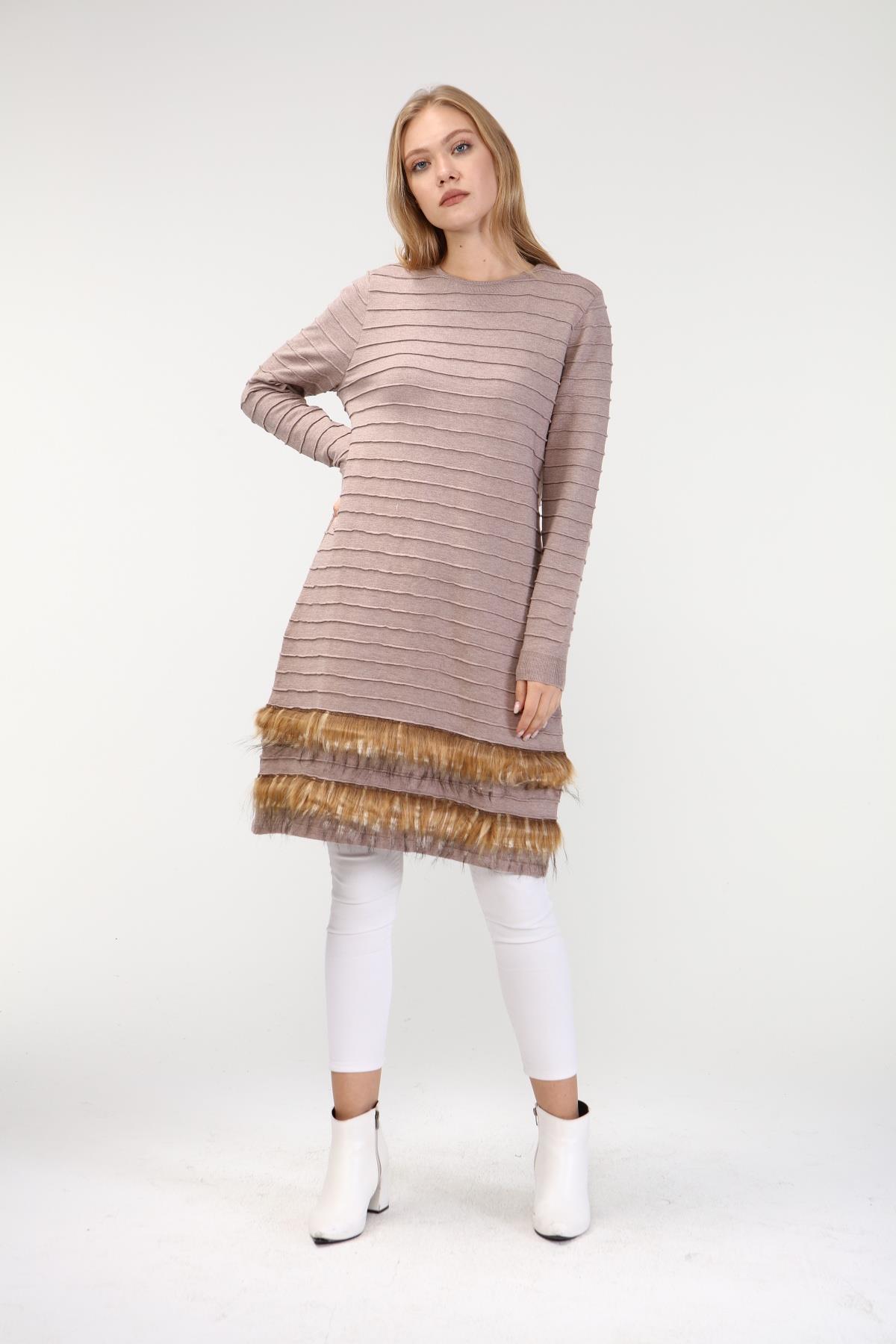 FTZ Women Kadın Kürk Detaylı Tunik  Beige 19-872