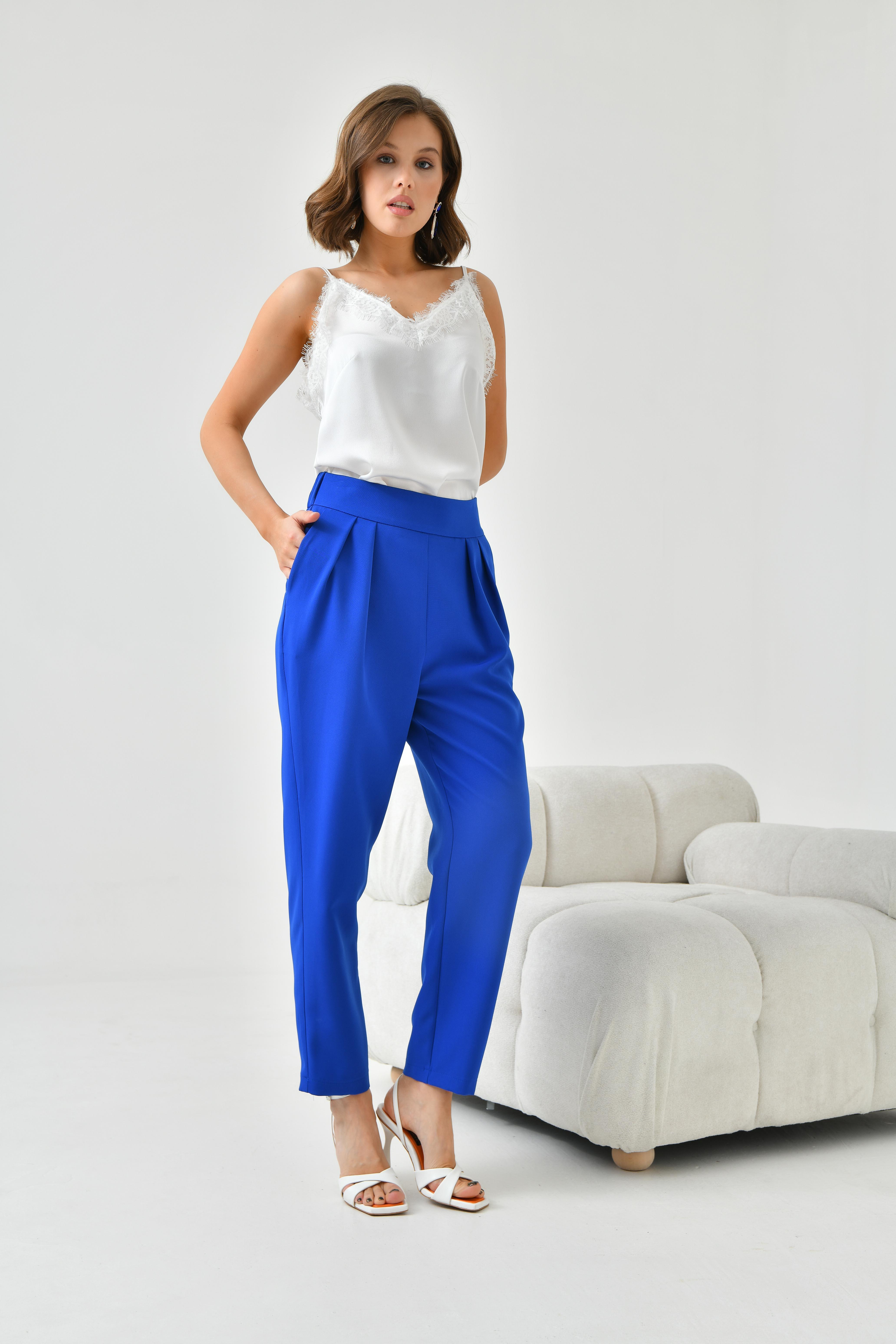 FTZ Women Kadın Lastikli Pleli Dar Paça Pantolon  Saks Mavi 30744