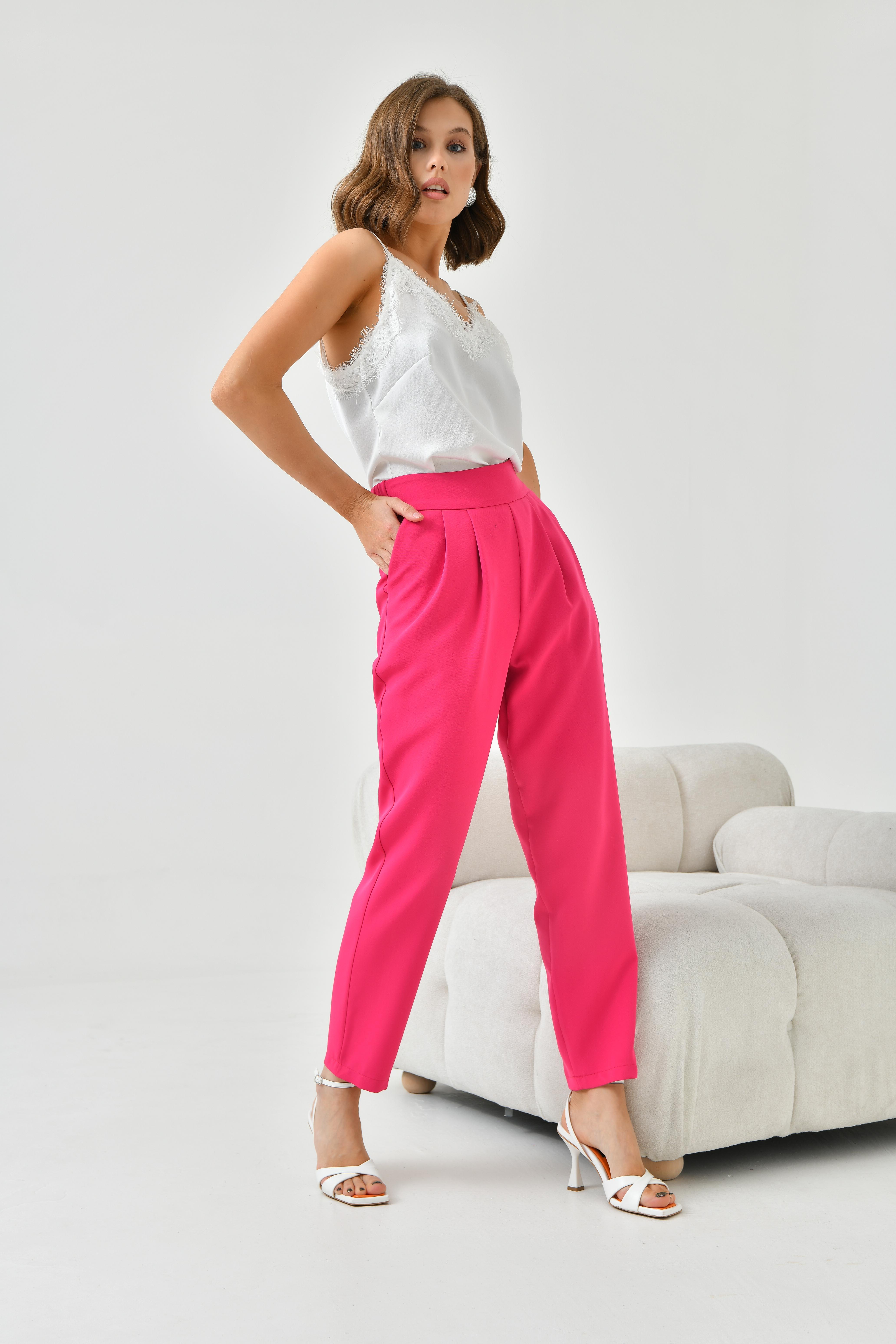 FTZ Women Kadın Lastikli Pleli Dar Paça Pantolon  Fuşya 30744