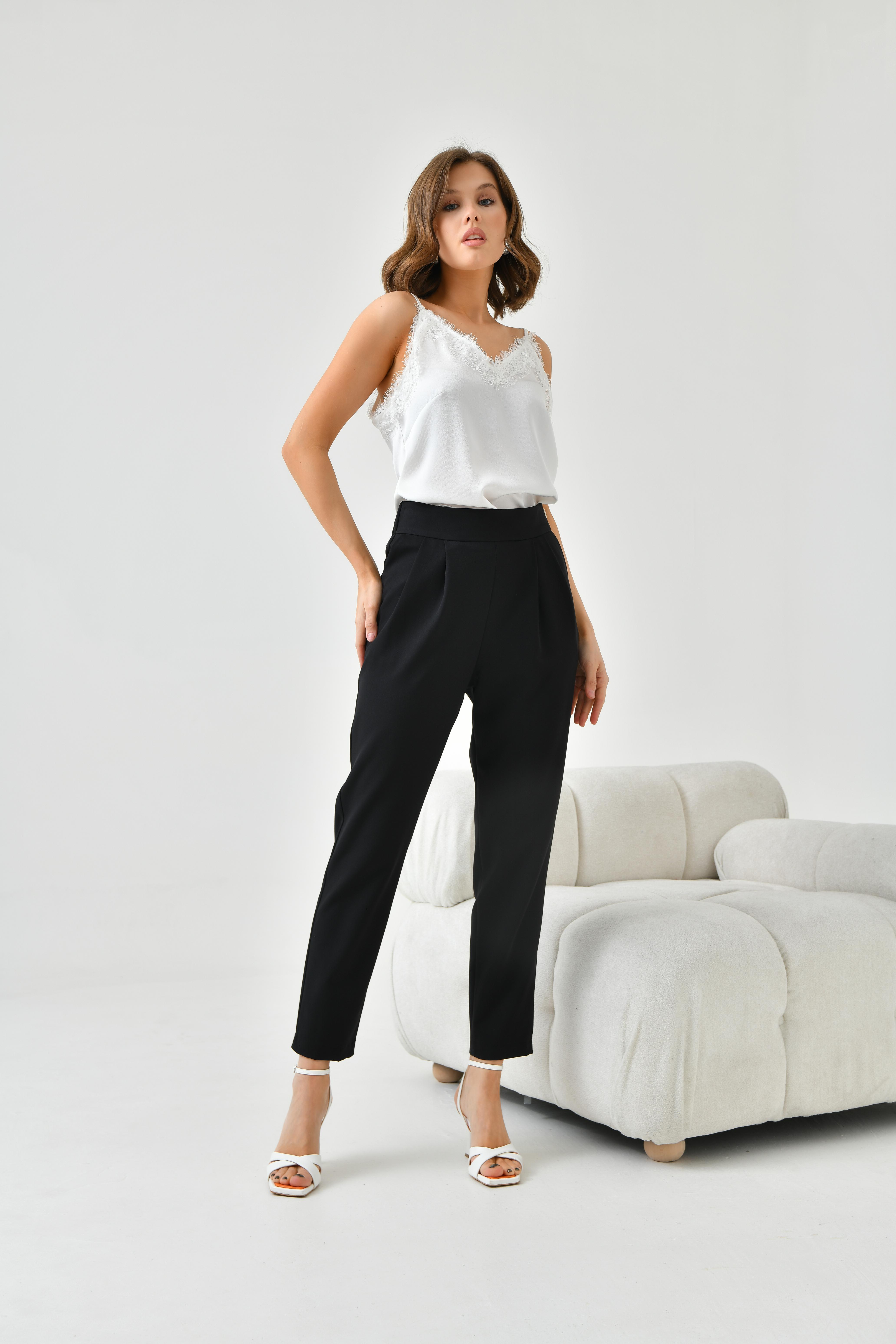 FTZ Women Kadın Lastikli Pleli Dar Paça Pantolon  Siyah 30744
