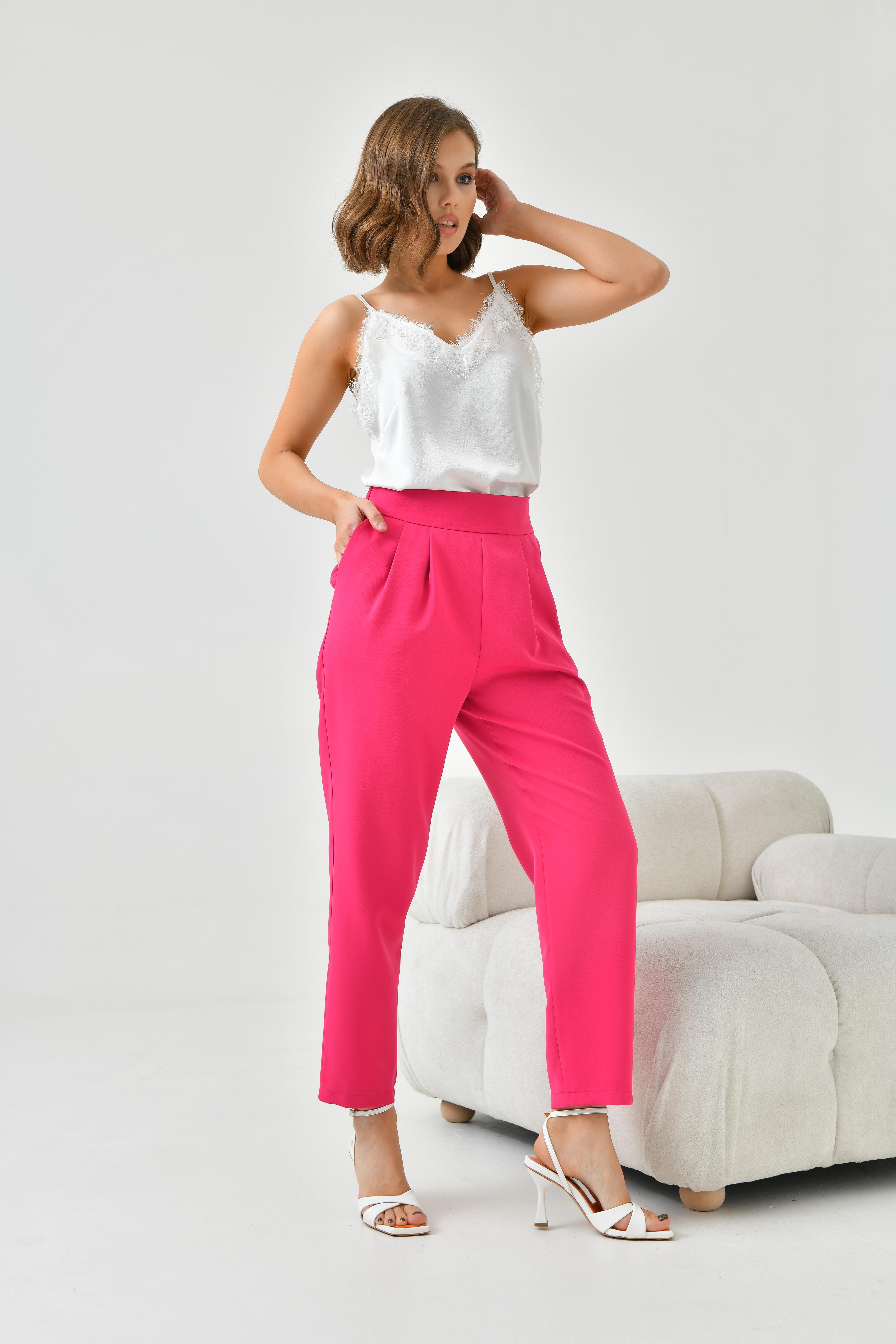 FTZ Women Kadın Lastikli Pleli Dar Paça Pantolon  Fuşya 30744