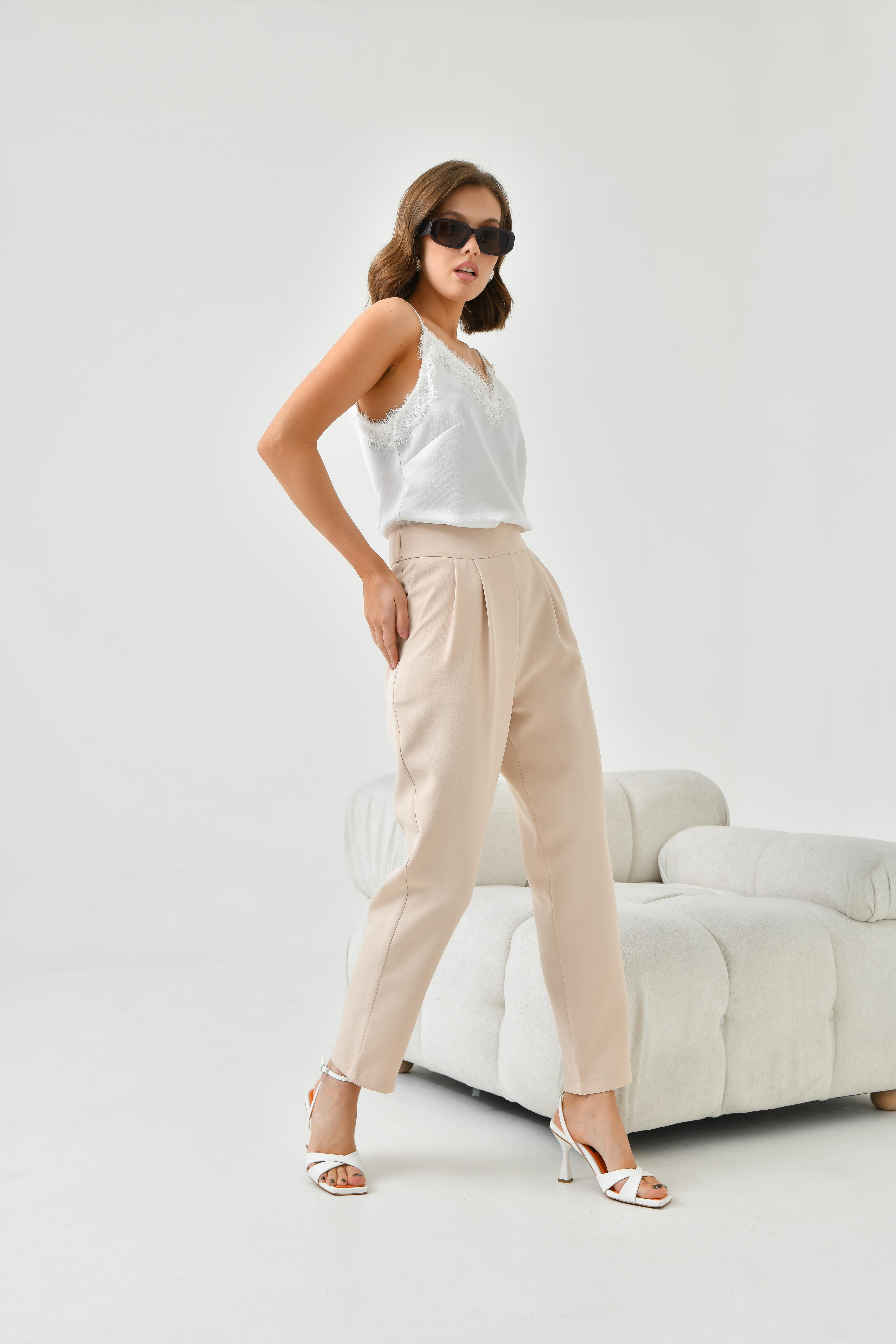 FTZ Women Kadın Lastikli Pleli Dar Paça Pantolon  Beige 30744