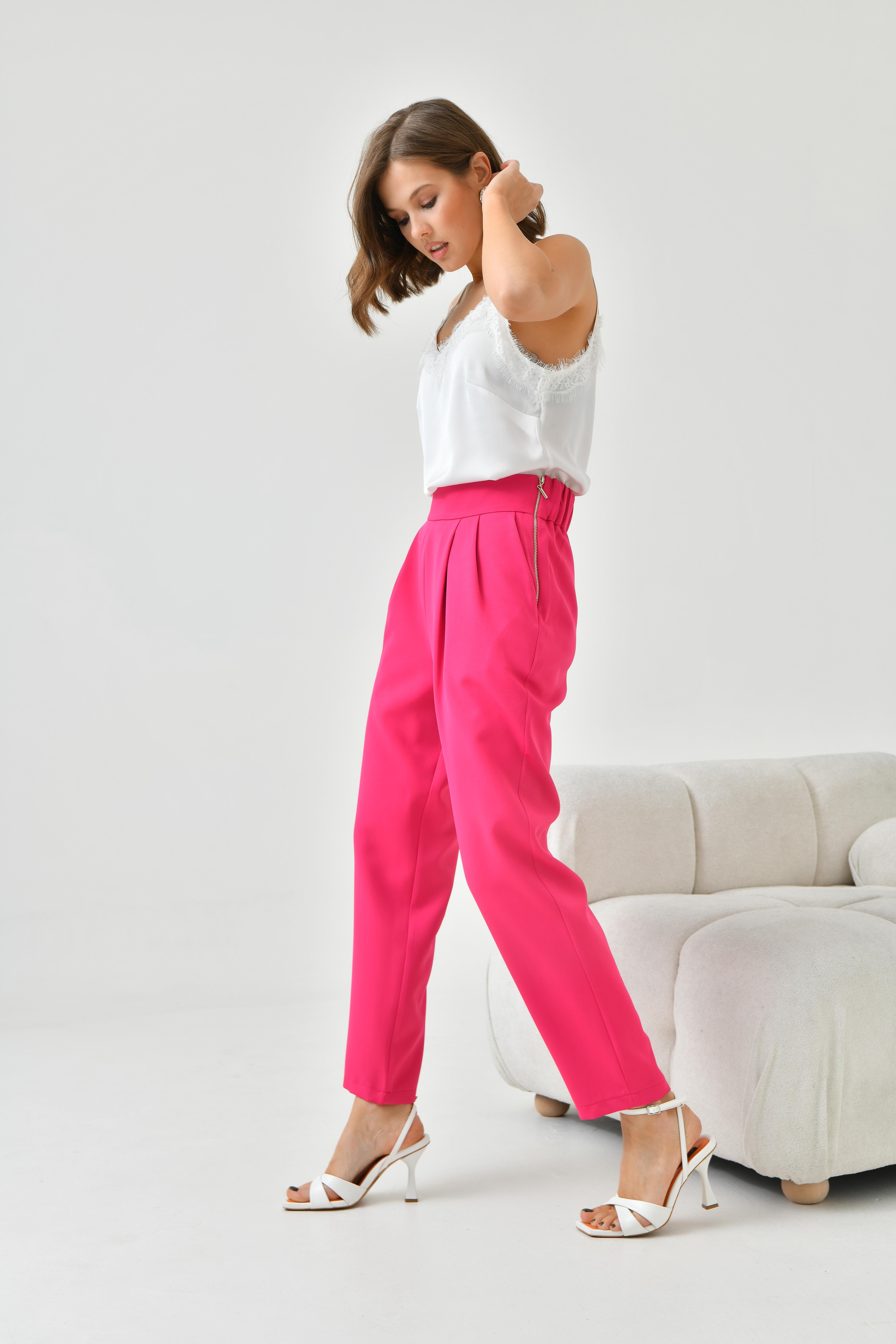 FTZ Women Kadın Lastikli Pleli Dar Paça Pantolon  Fuşya 30744